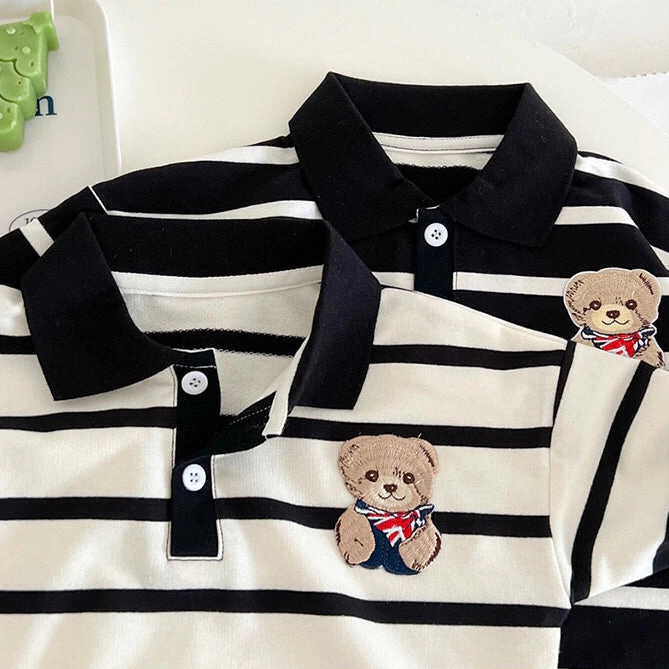 MyKids-USA Baby Cartoon Bear Print & Striped Pattern Polo Neck Long Sleeve Romper