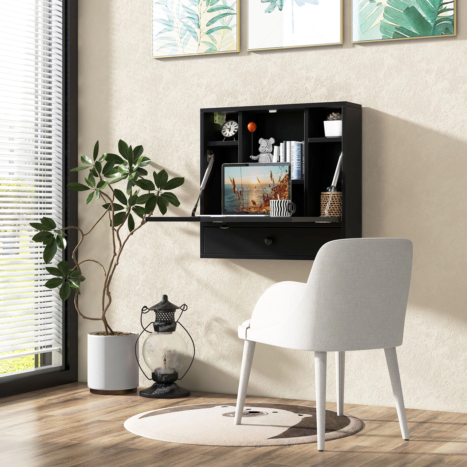 SUGIFT Foldable Wall-Mount Floating Laptop Desk with Shelves and Drawer 11-lb Desktop Capacity Black