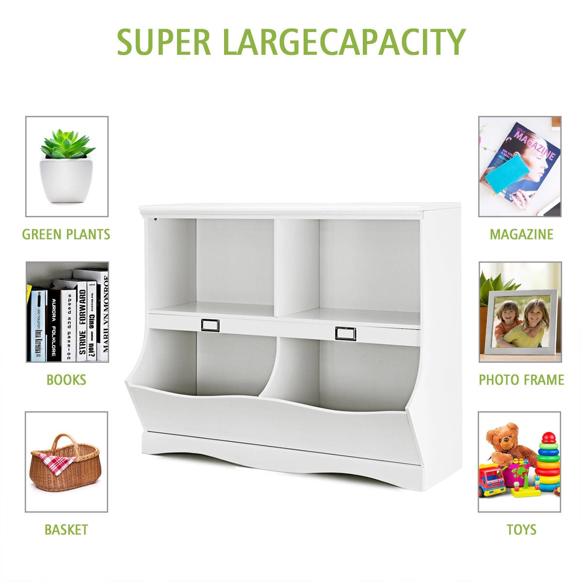 SUGIFT Kids Storage Unit Baby Toy Organizer Children Bookshelf Bookcase with 2-Tier Open Shelves 33-in Tall White/Brown