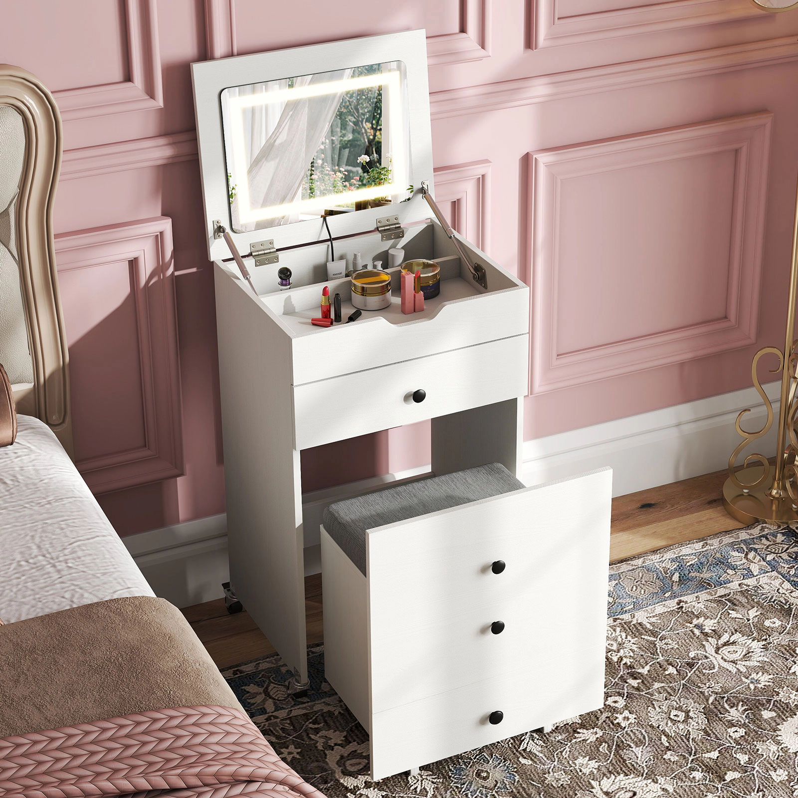 SUGIFT 3-in-1 Vanity Desk Set Flip-Top Lighted Mirror Drawers & Stool 44-lb Tabletop 220-lb Stool 20-in Wide Desk White