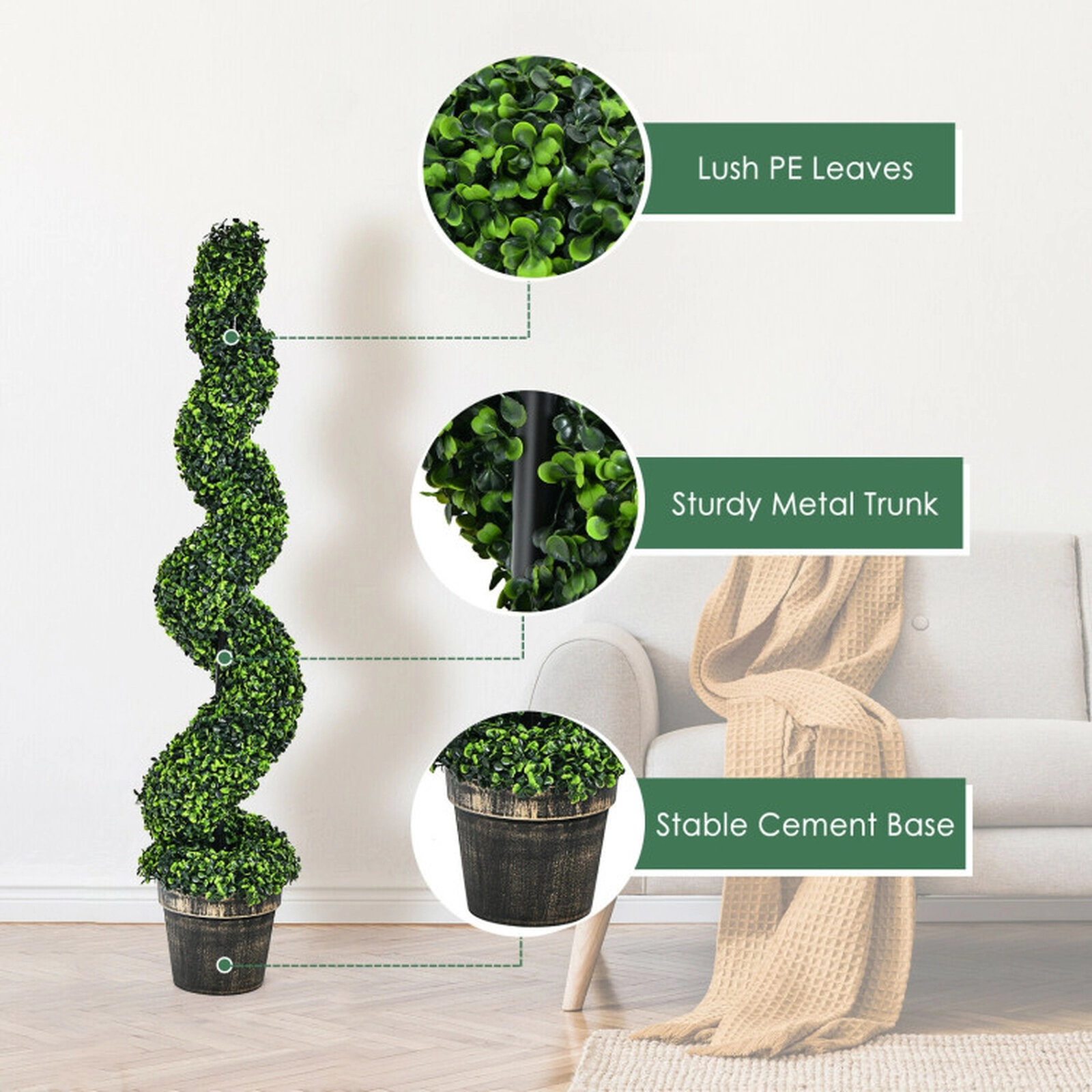 SUGIFT Set of 2 47-in UV Resistant Artificial Spiral Boxwood Topiary Trees with Cement-Filled Golden Pots