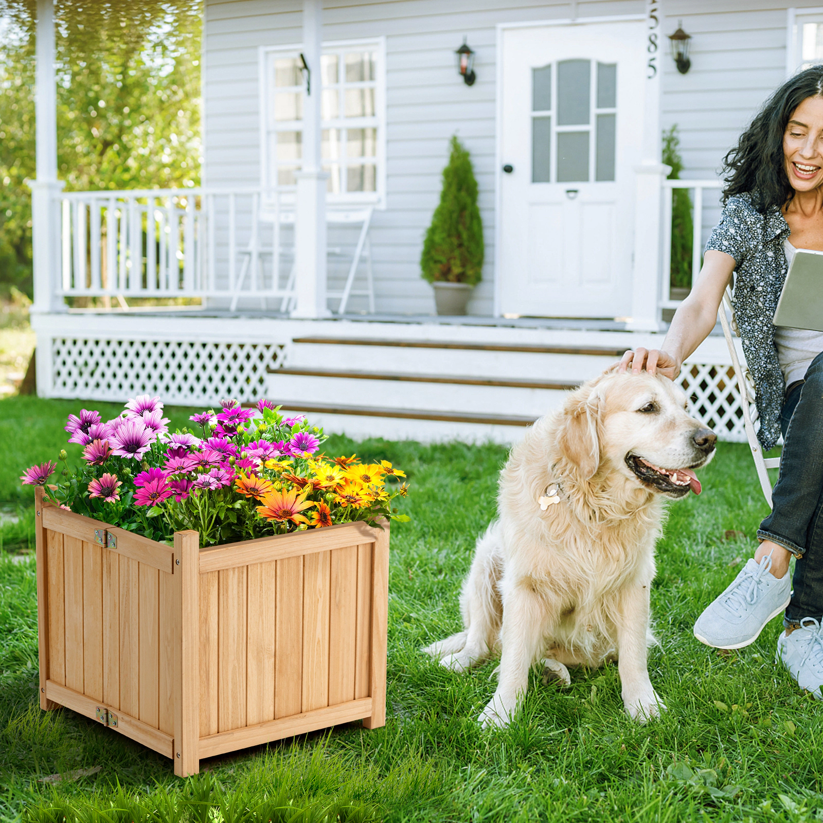 LJG Folding Square Fir Wood Raised Garden Bed with Removable Bottom