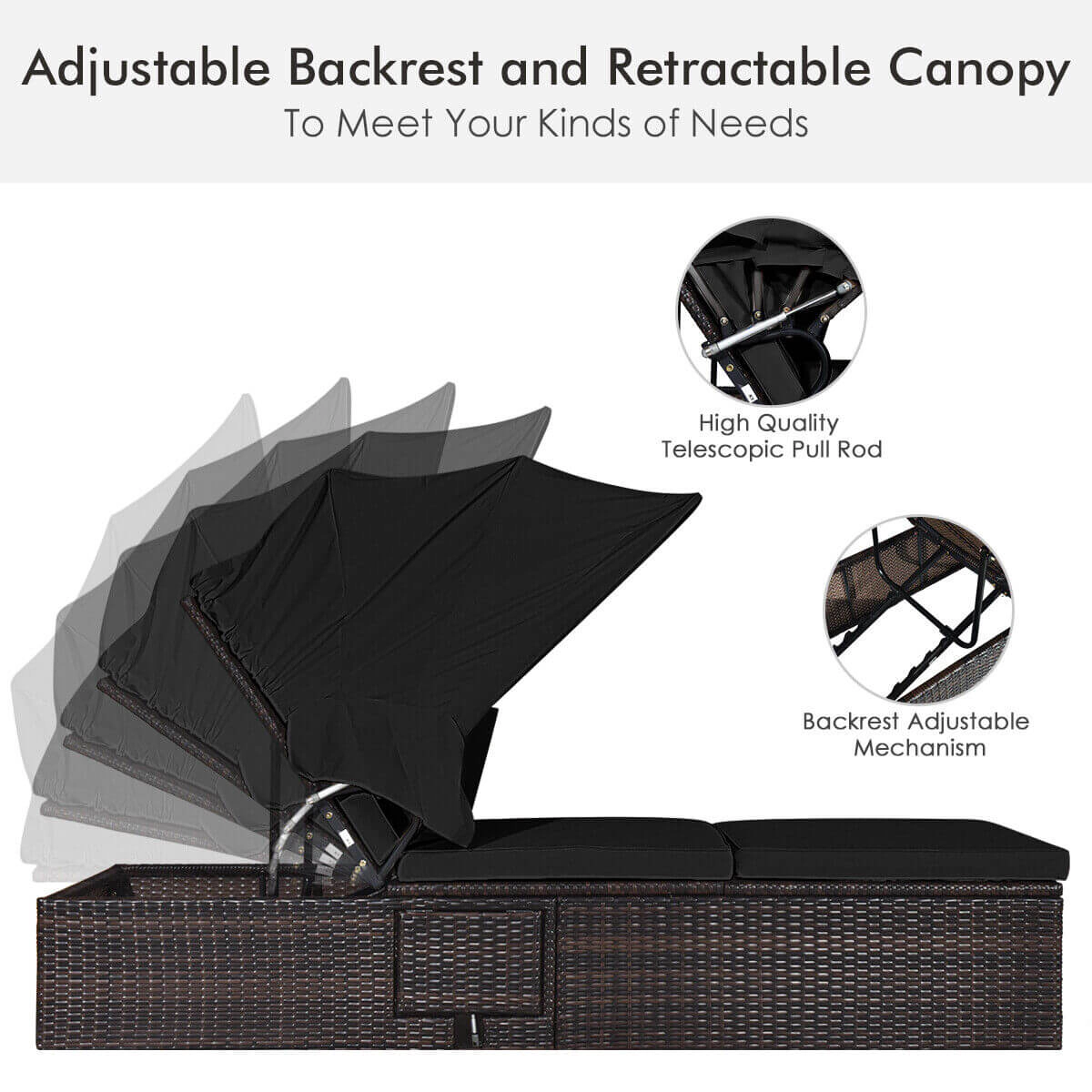Hivvago Outdoor Adjustable Cushioned Chaise Lounge Chair with Folding Canopy