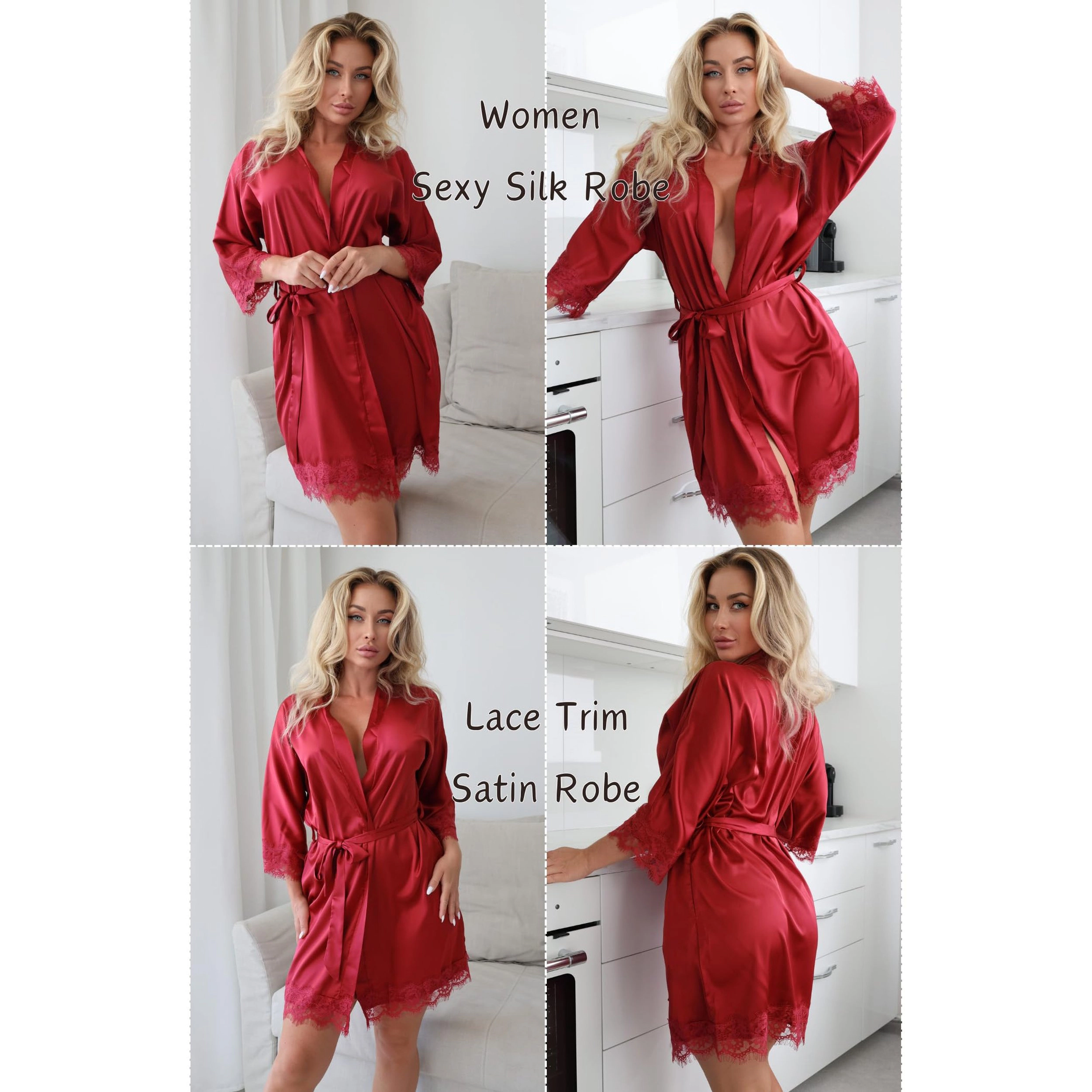 Ekouaer Womens Silk Robe Short Lace Trim Satin Sleeve Kimono Bride Bathrobe Comfy Sleepwear