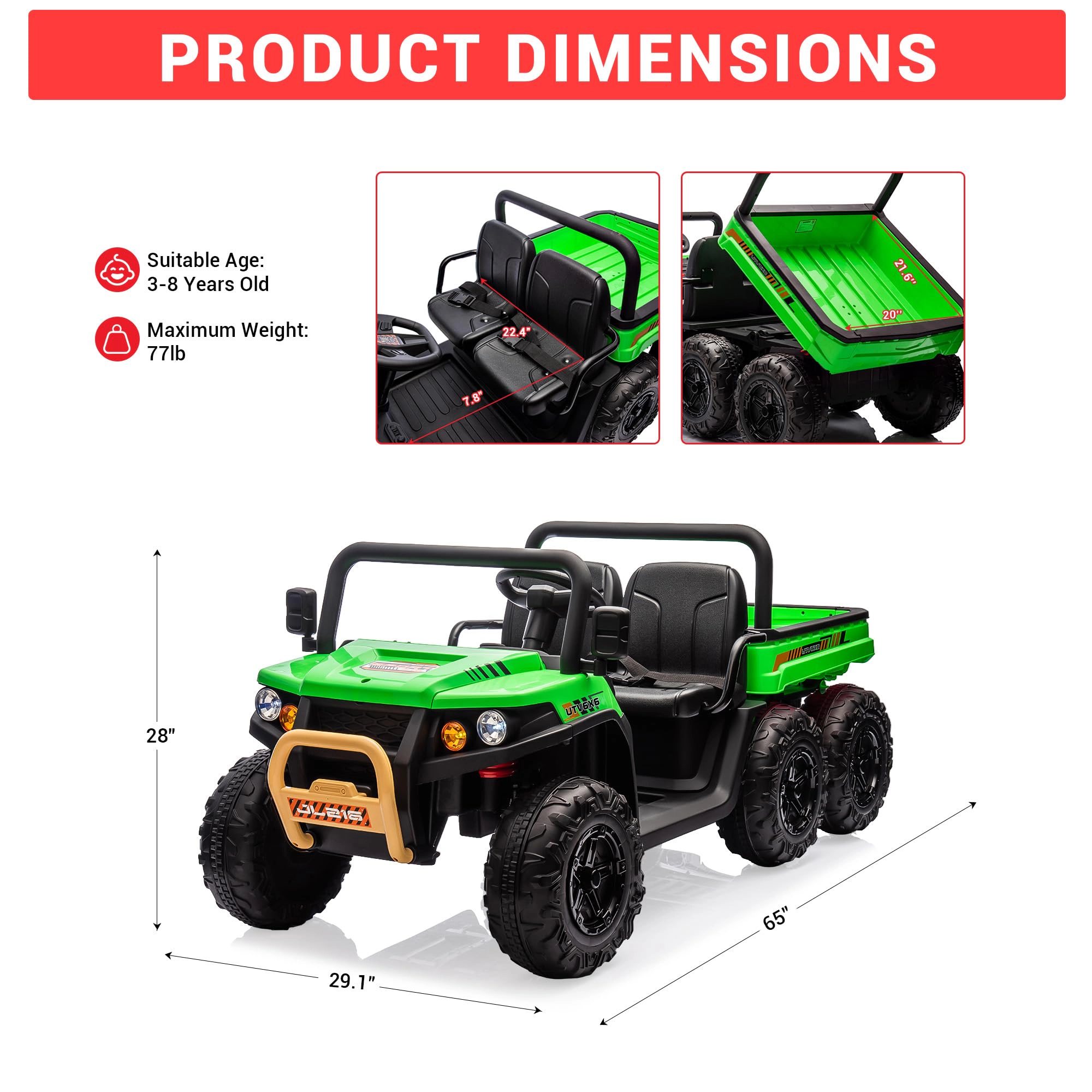 Enjyam 24V 6-Wheel Ride-on Dump Truck, 2-Seater 4WD Electric UTV with Remote, Bed & Shovel, Music, LED