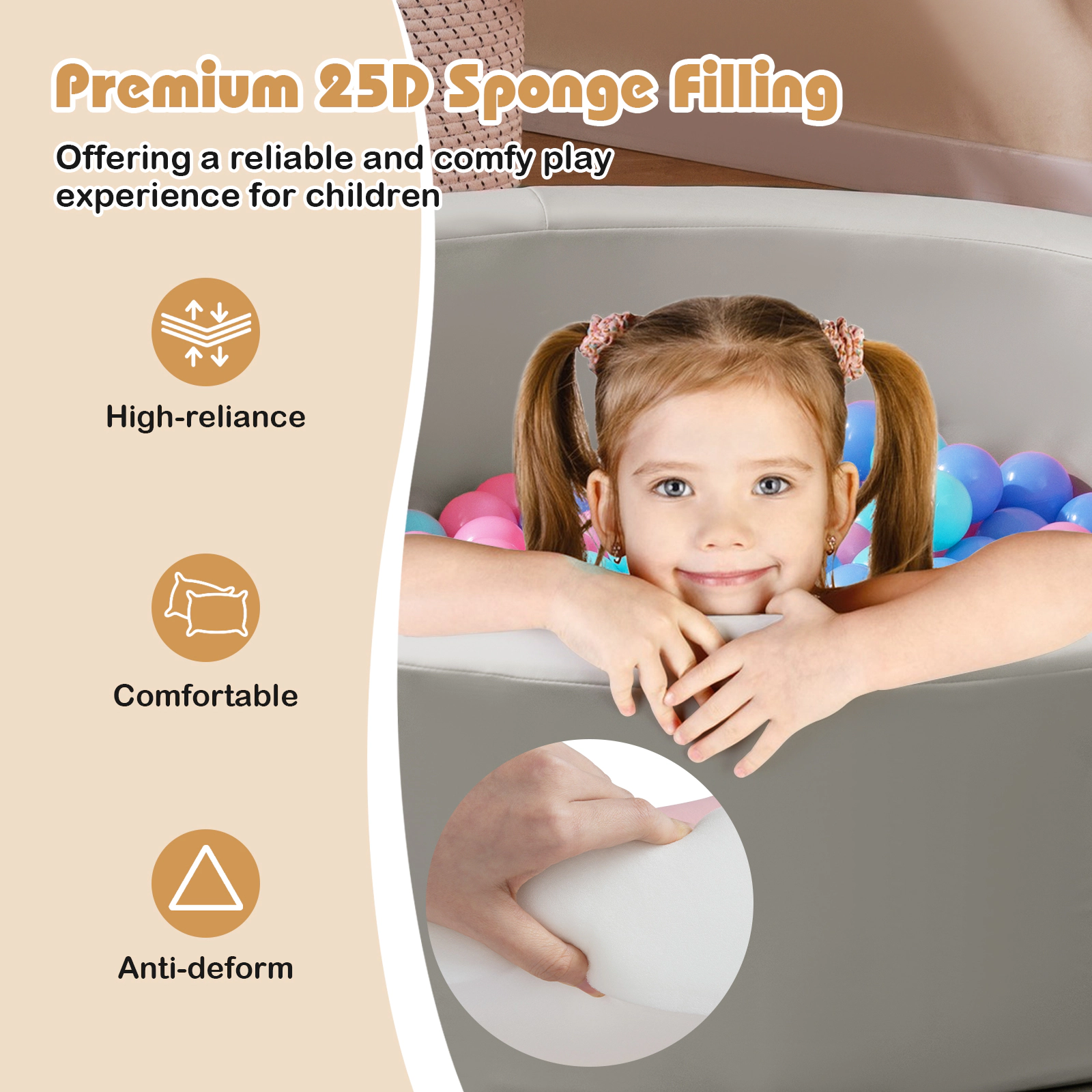 41.5-in Round Foam Ball Pit for Toddlers 200 Ocean Balls Included 25D Sponge Walls and Washable PU Cover Ages 3+ Gray