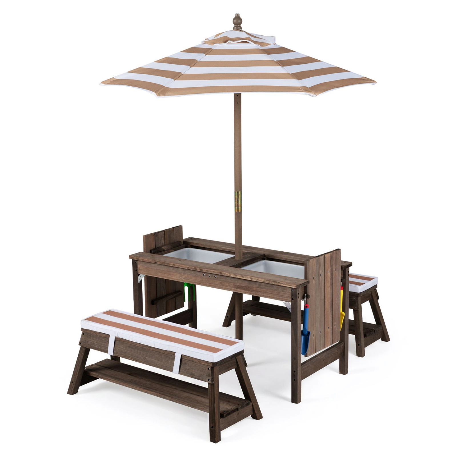 SUGIFT Umbrella and Water Boxes Kids Outdoor Fir Wood Picnic Table Bench Set