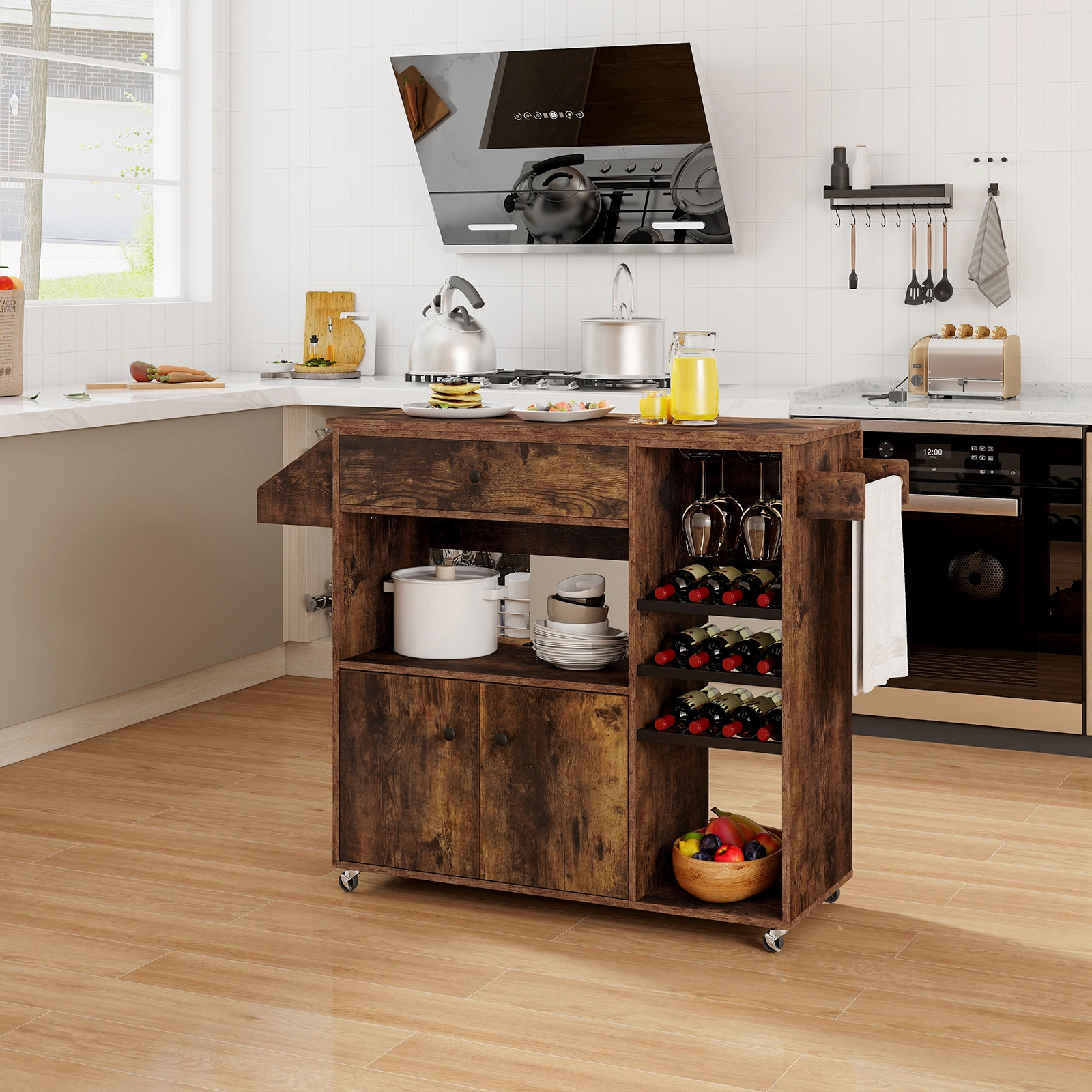 SUGIFT Rustic Brown Drop Leaf Rolling Kitchen Island Cart with Power Outlet USB Port and Wine Rack