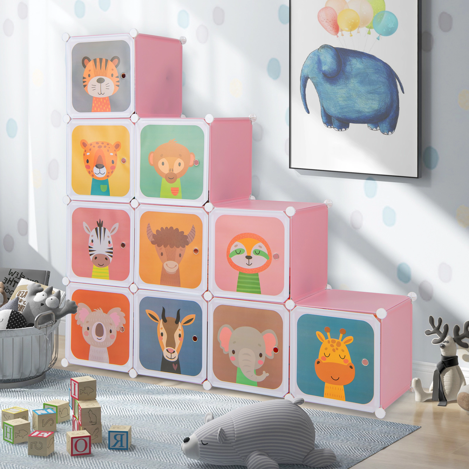 SUGIFT Kids 12-Cube Animal Print Doors Hanging Section Wardrobe Closet 43-in x 14-in x 57-in 22-lb per Cube Pink