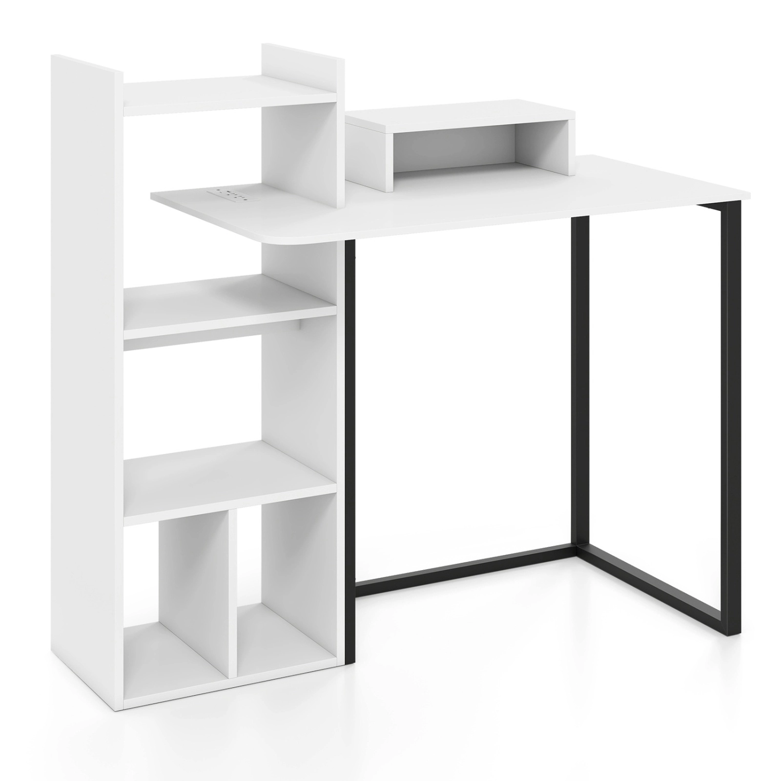 SUGIFT 43.5-in Computer Desk with Charging Station and Ergonomic Monitor Stand 110-lb Tabletop Capacity White & Black
