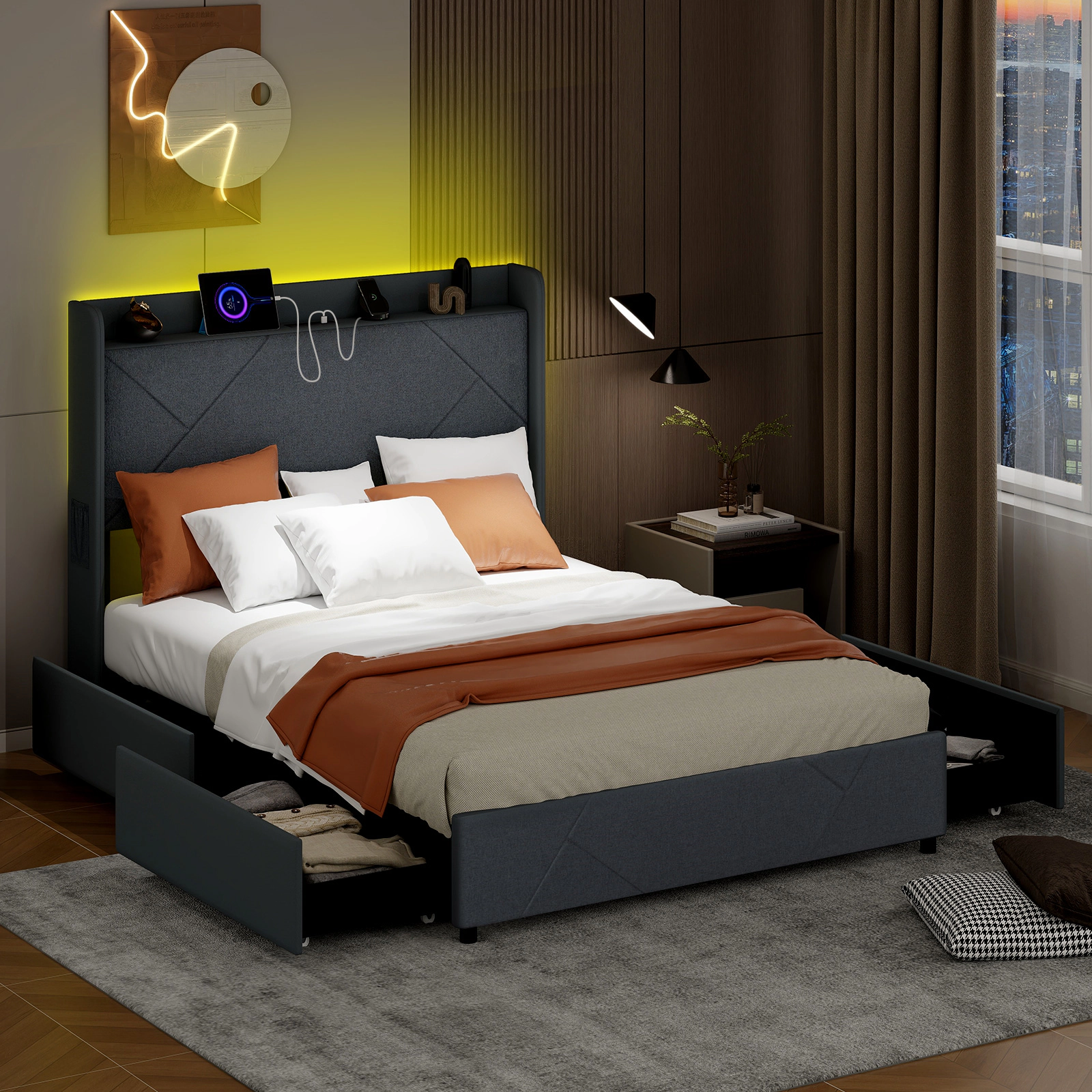 SUGIFT Full Size Platform Bed with LED Lights, Charging Station, Storage Drawers and Grey Upholstered Headboard