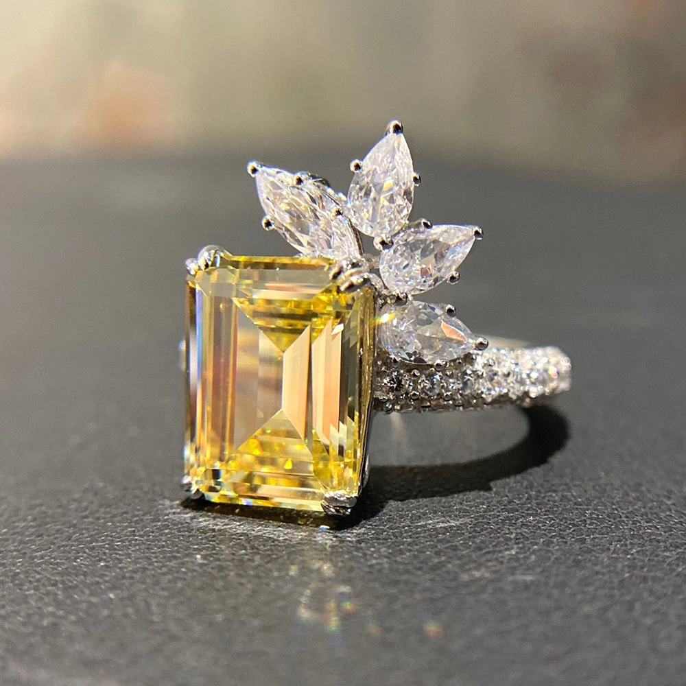 Citrine Flower Cocktail Ring Cubic Zirconia Promise Ring