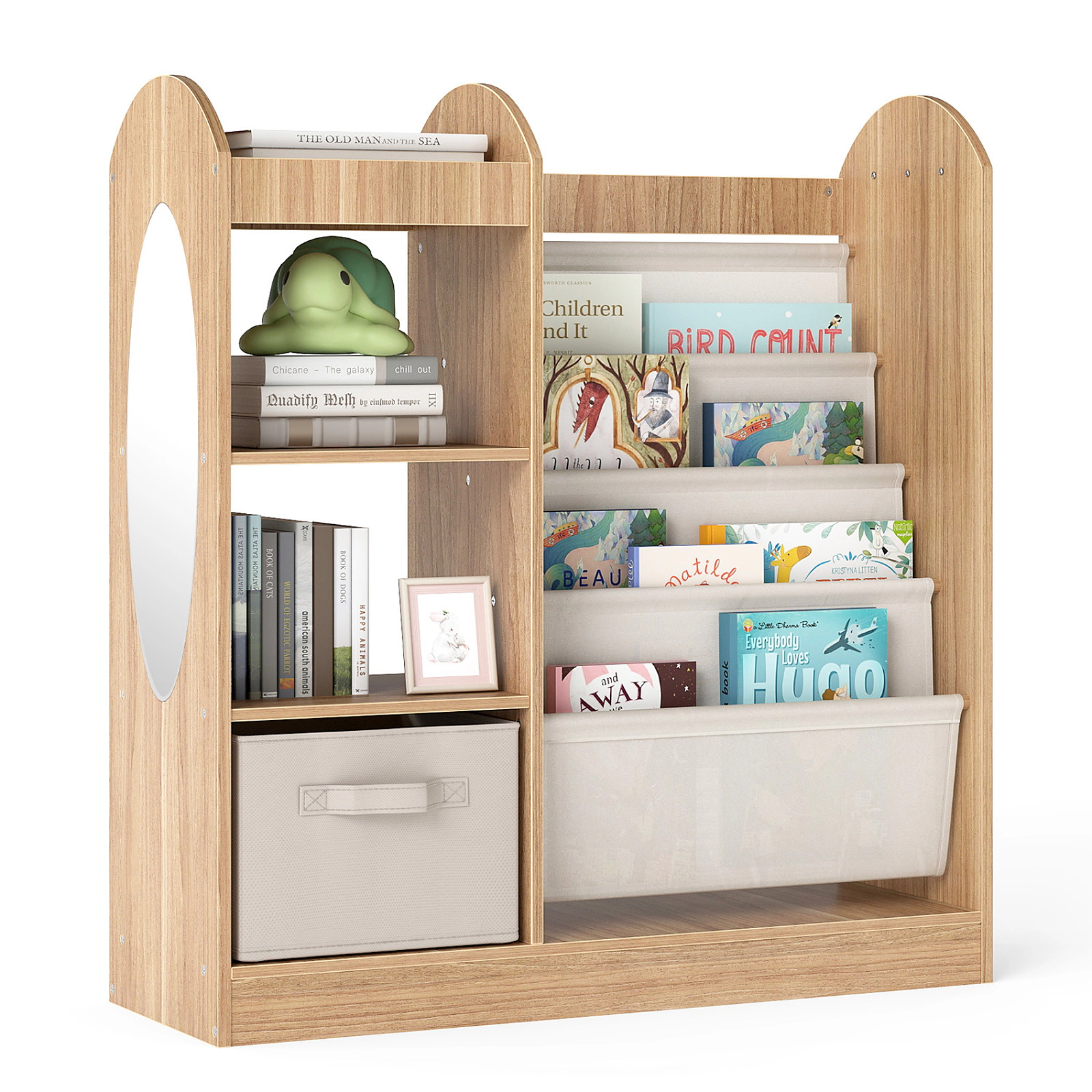 SUGIFT Kids 4-Tier Sling Shelves Mirror Fabric Drawer Toy Storage Organizer 34.5-in x 12-in x 35.5-in Ages 3+ Natural