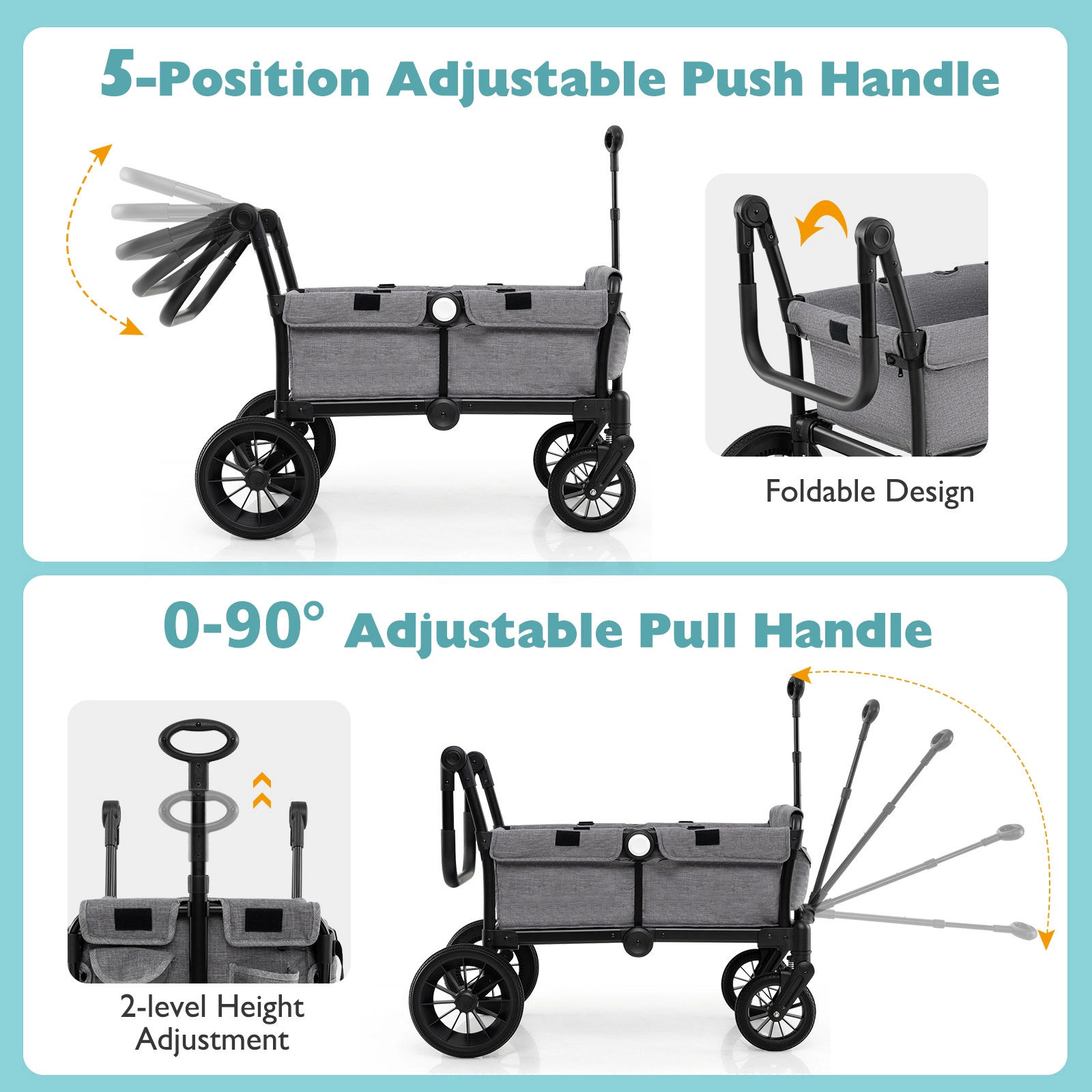 SUGIFT Gray 55-lb Per Seat 2-Seater Collapsible Push Pull Kids Wagon Stroller with Adjustable Handlebars