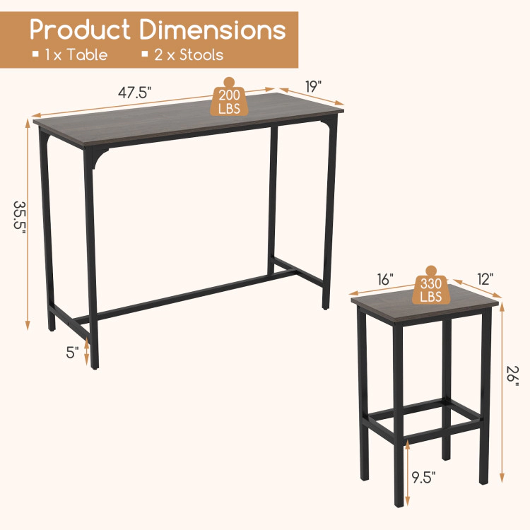 Hivvago Industrial 3-Piece 47.5" Counter-Height Dining Table And 2 Bar Stools