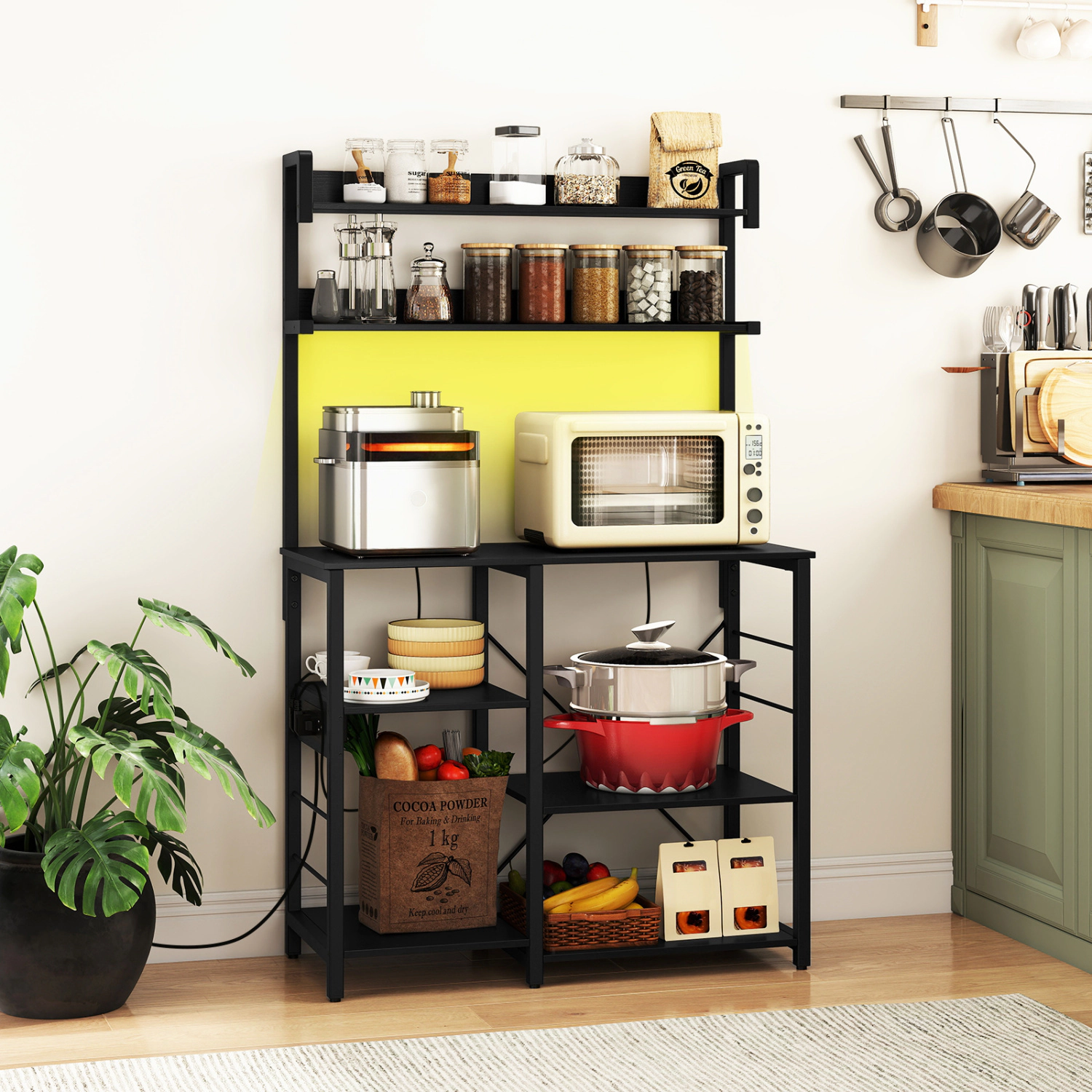 LJG Kitchen Bakers Rack with Power Outlet 5-Tier Microwave Oven Stand LED Lights