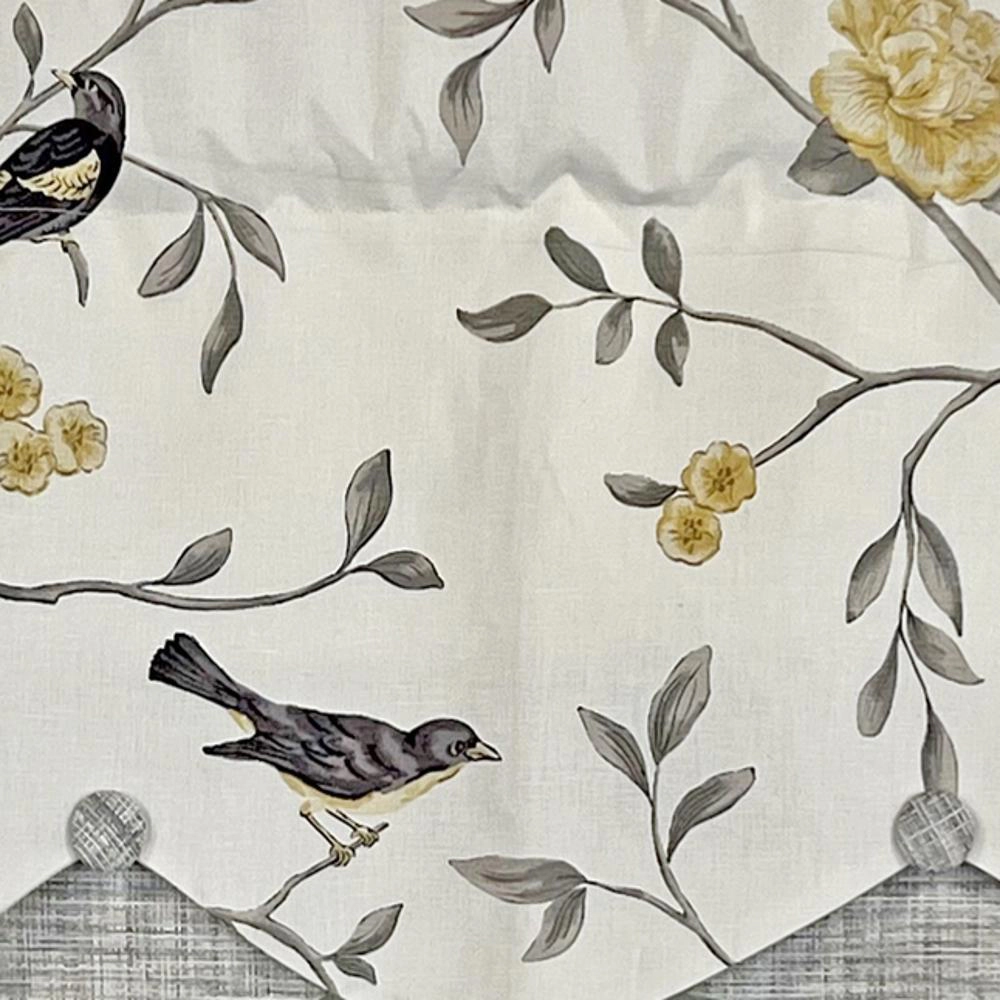 RLF Home Trend Bird Petticoat Valance Citrine. 3"Rod Pocket, Contrast Bottom fabric. Hand Made Buttons 50"W x 15"L