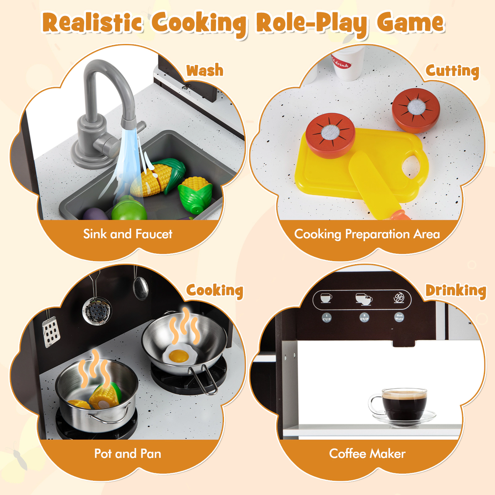SUGIFT Pretend Play Wooden Kitchen Toy Set with Range Hood Real Sounds and Lights 44-in Tall Ages 3+ Brown/White