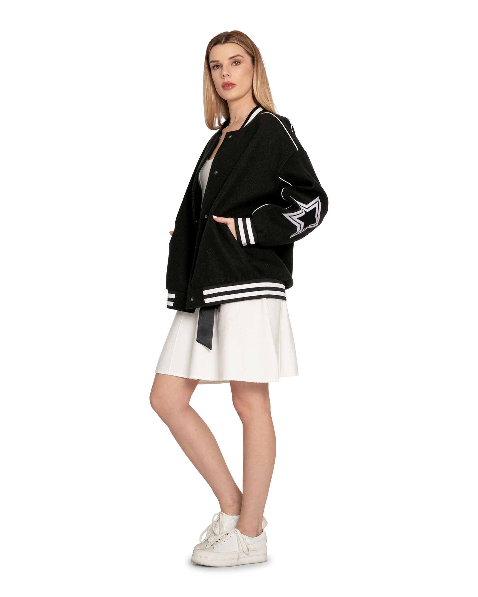 Belle & Bloom Womens Hold Me Close Letterman Bomber