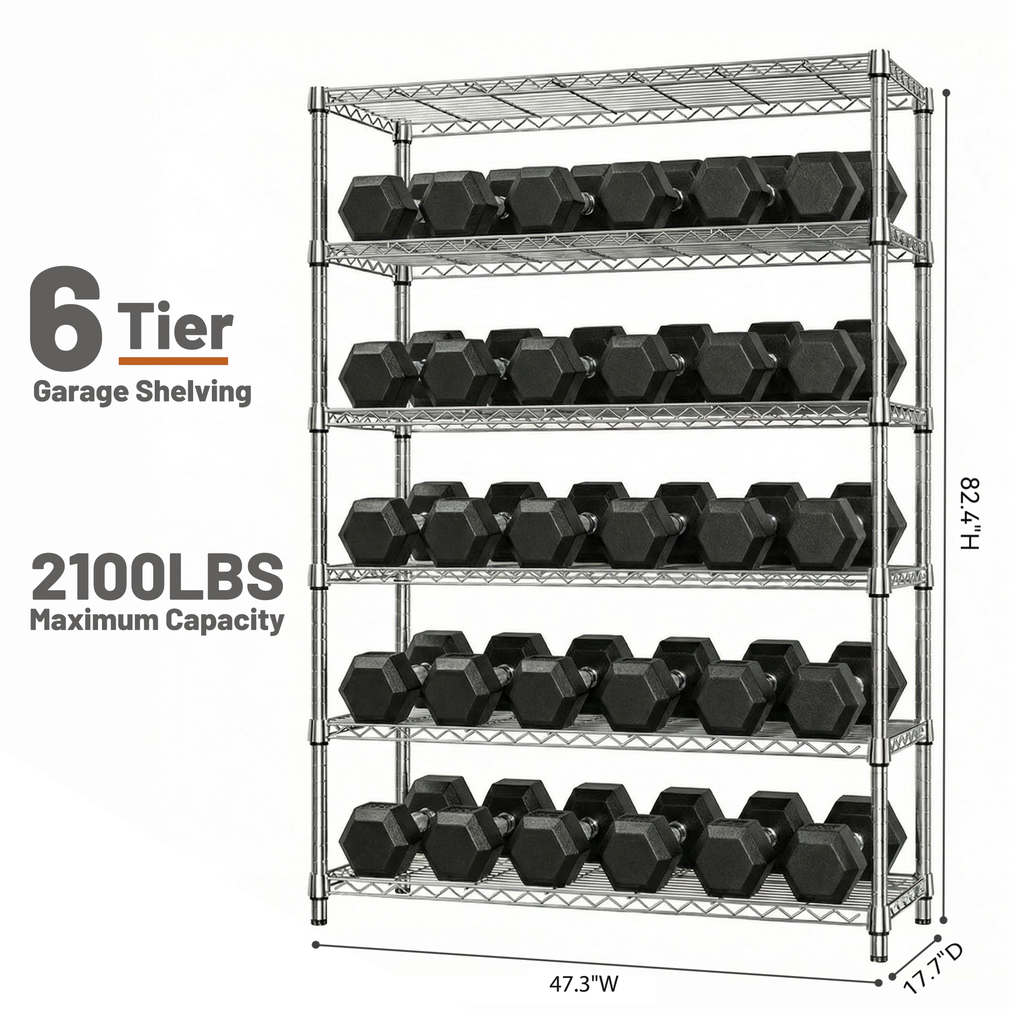 Flynama 6 Tier Wire Shelving 2100LBS 82.4H x 47.3W x 17.7D in Adjustable Heavy Duty Metal Garage Storage Rack in Chrome