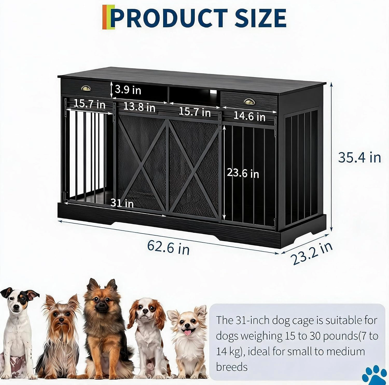 63-Inch JM-GL-100 Double-Stack Metal Dog Crate, Heavy-Duty Dual-Level Pet Cage, Pure Black