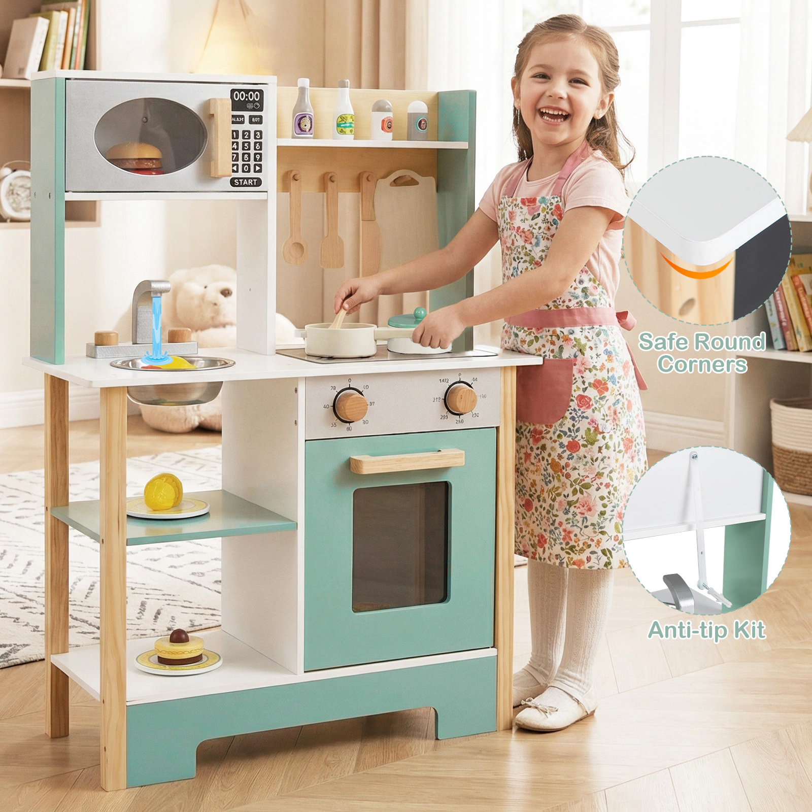 LJG Play Kitchen Wooden Toy Playset with Chalkboard Birthday Gift for Kids Aged 3+
