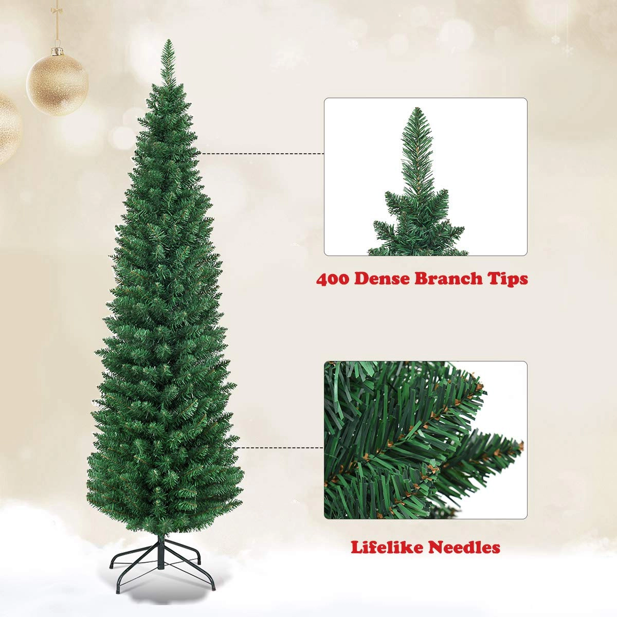 Glintex 6-Ft Slim Pencil Christmas Tree with 400 Tips and Iron Base, Green