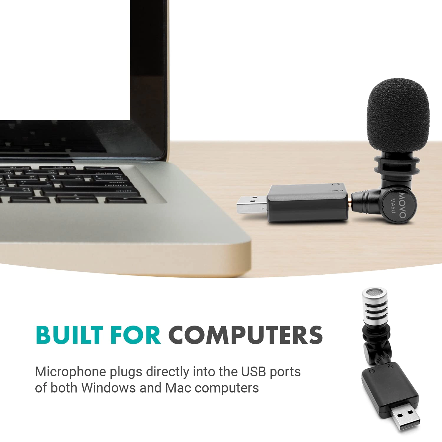 Movo MA5U Pocket Audio Microphone, Omnidirectional Pickup, 3.5mm Female TRS Headphone Port, Compatible with PC and Mac