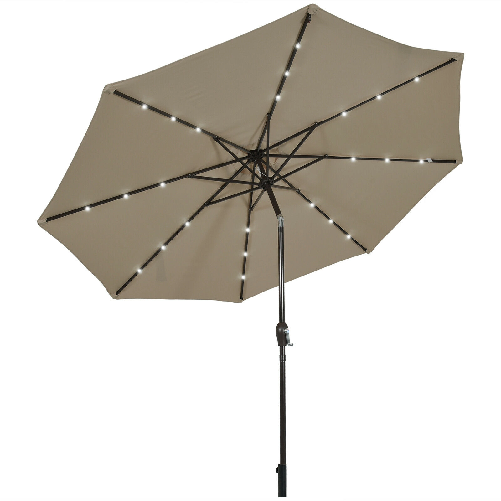 SUGIFT Solar LED Lighted 10-ft Market Patio Umbrella with Crank Lift Tilt and 24 Lights Tan Polyester Canopy