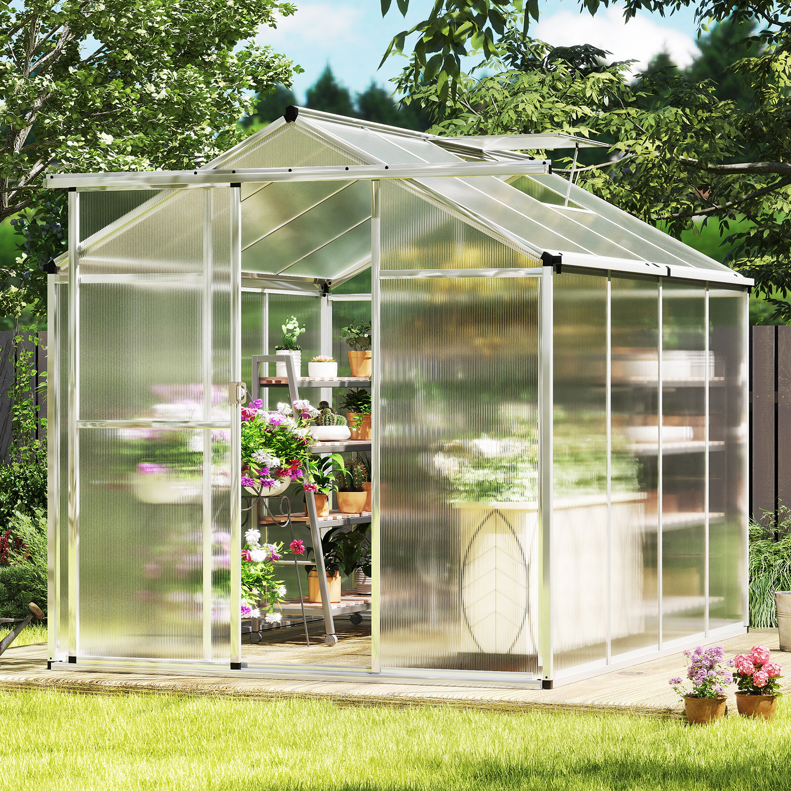 SUGIFT 6-ft x 8-ft Walk-In Polycarbonate Greenhouse with Aluminum Frame Rain Gutters and Roof Vent