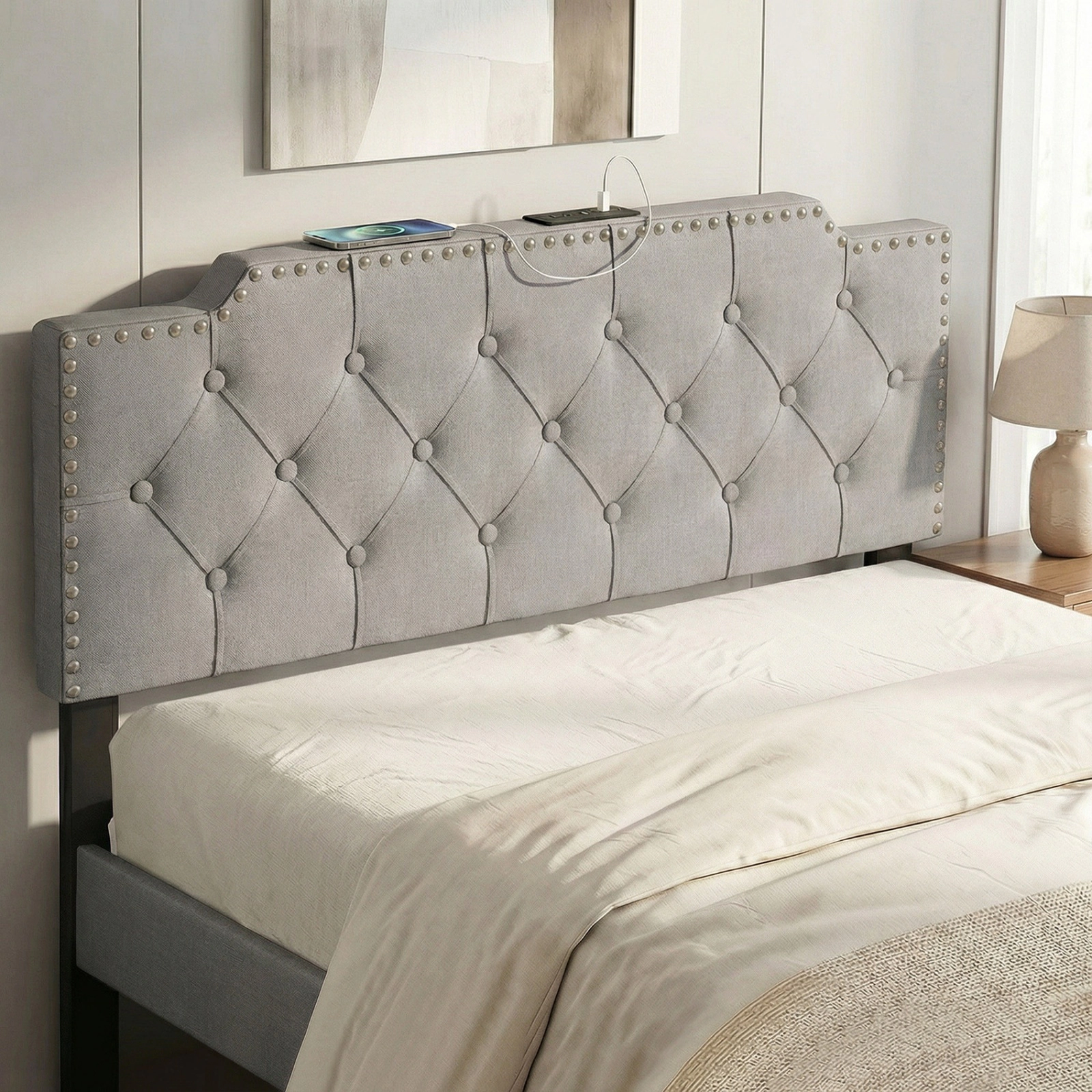 SUGIFT Gray Rivet-Tufted Headboard with Charging Station, Full/Queen