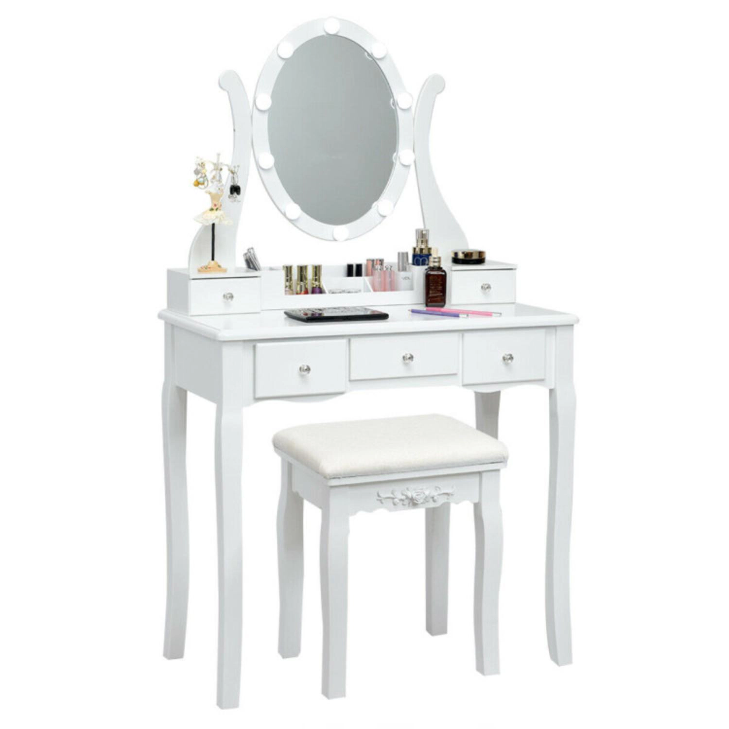 Hivvago 10 Dimmable Lights Vanity Table Set With Lighted Mirror And Cushioned Stool-White