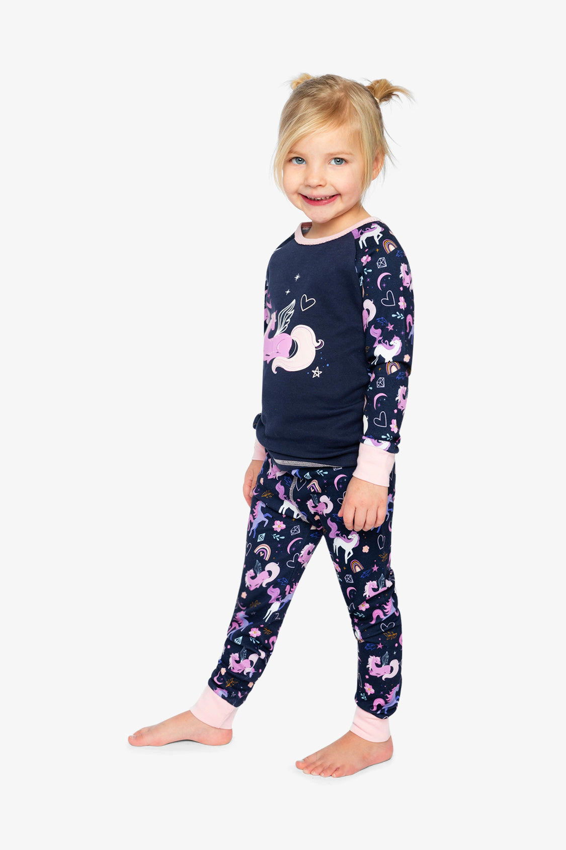 Deux par Girls Organic Cotton Unicorn Two Piece Pajama Set with Raglan Sleeve Top and Waist Pants