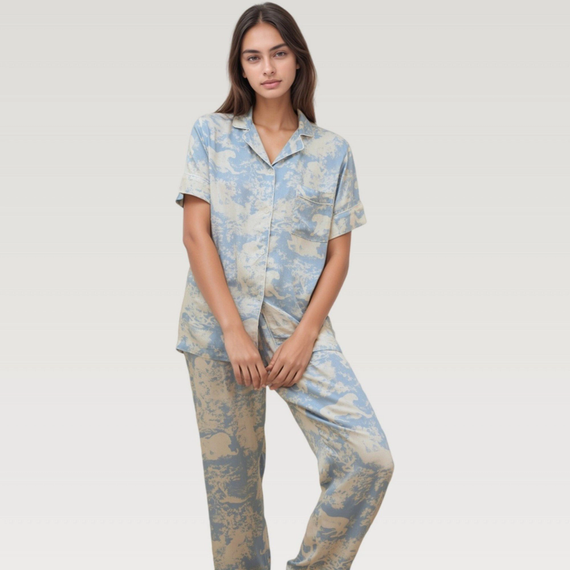 Anna-Kaci Women's Satin Pajama Set with Short Sleeve Button Up Top and Abstract Animal Print Relaxed Pants