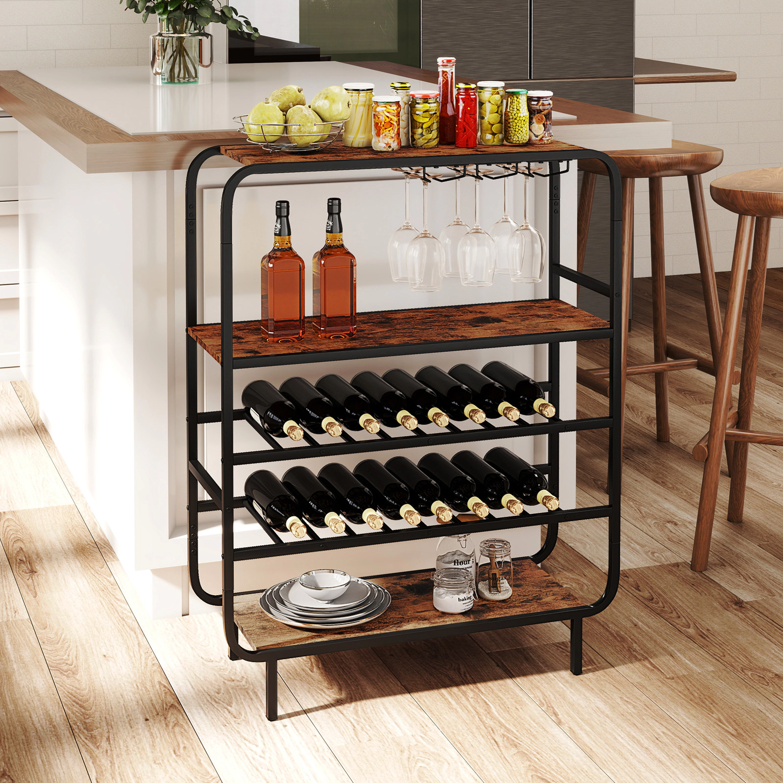 SUGIFT 5-Tier Wine Rack with Glass Holders 44-lb Tier Capacity Black and Rustic Brown