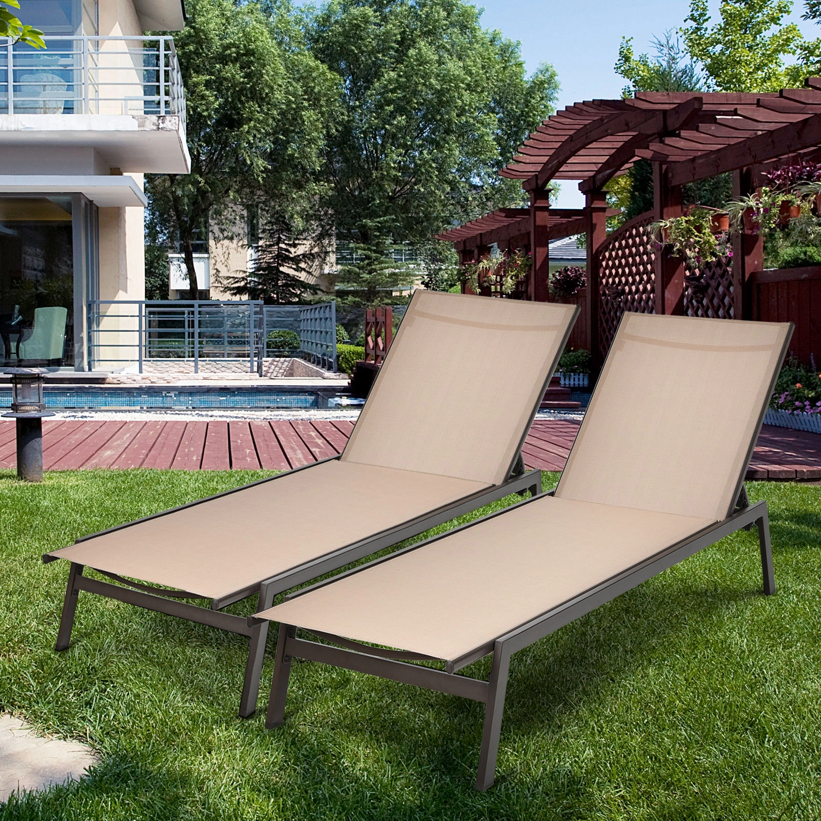 SUGIFT Brown Outdoor Reclining Chaise Lounge with 6-Position Adjustable Backrest