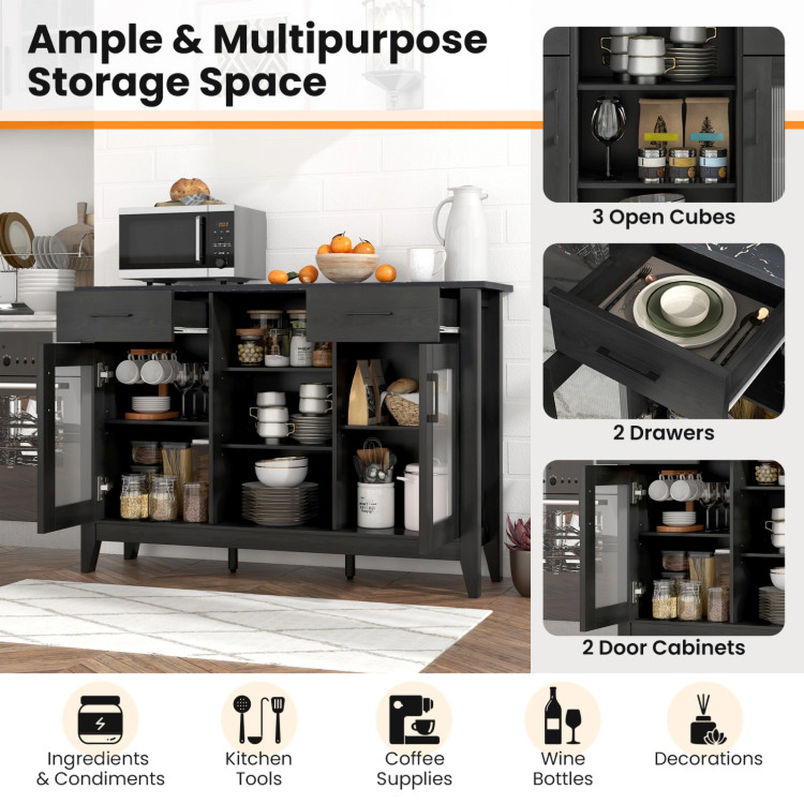 SUGIFT 2-Drawer Faux Marble Top Glass Doors Sideboard Buffet Cabinet 52-in x 15.5-in x 35.5-in 310-lb Capacity Black