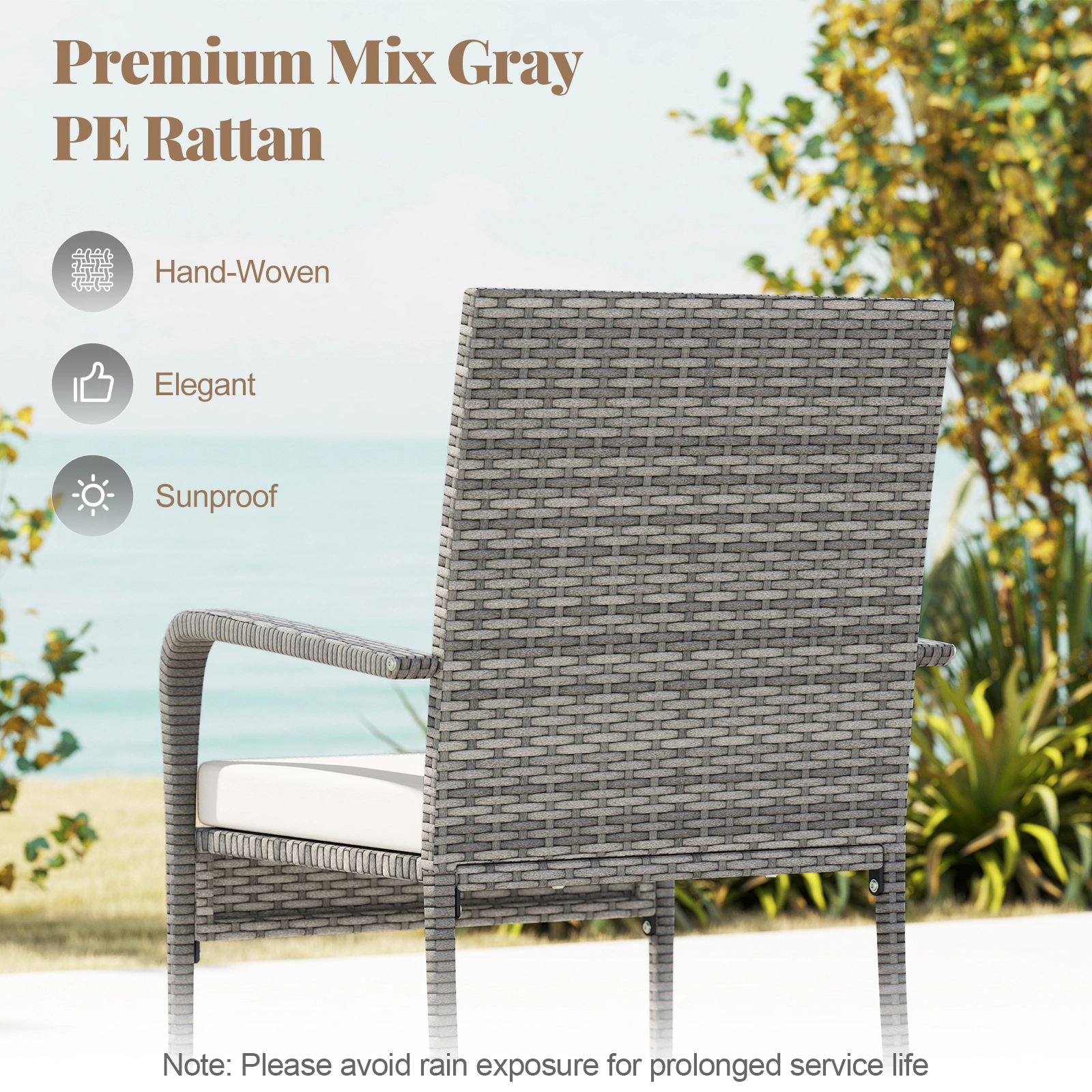 SUGIFT 3-Piece Gray Rattan Bistro Set with 2 Armchairs and 2-Tier Glass Table
