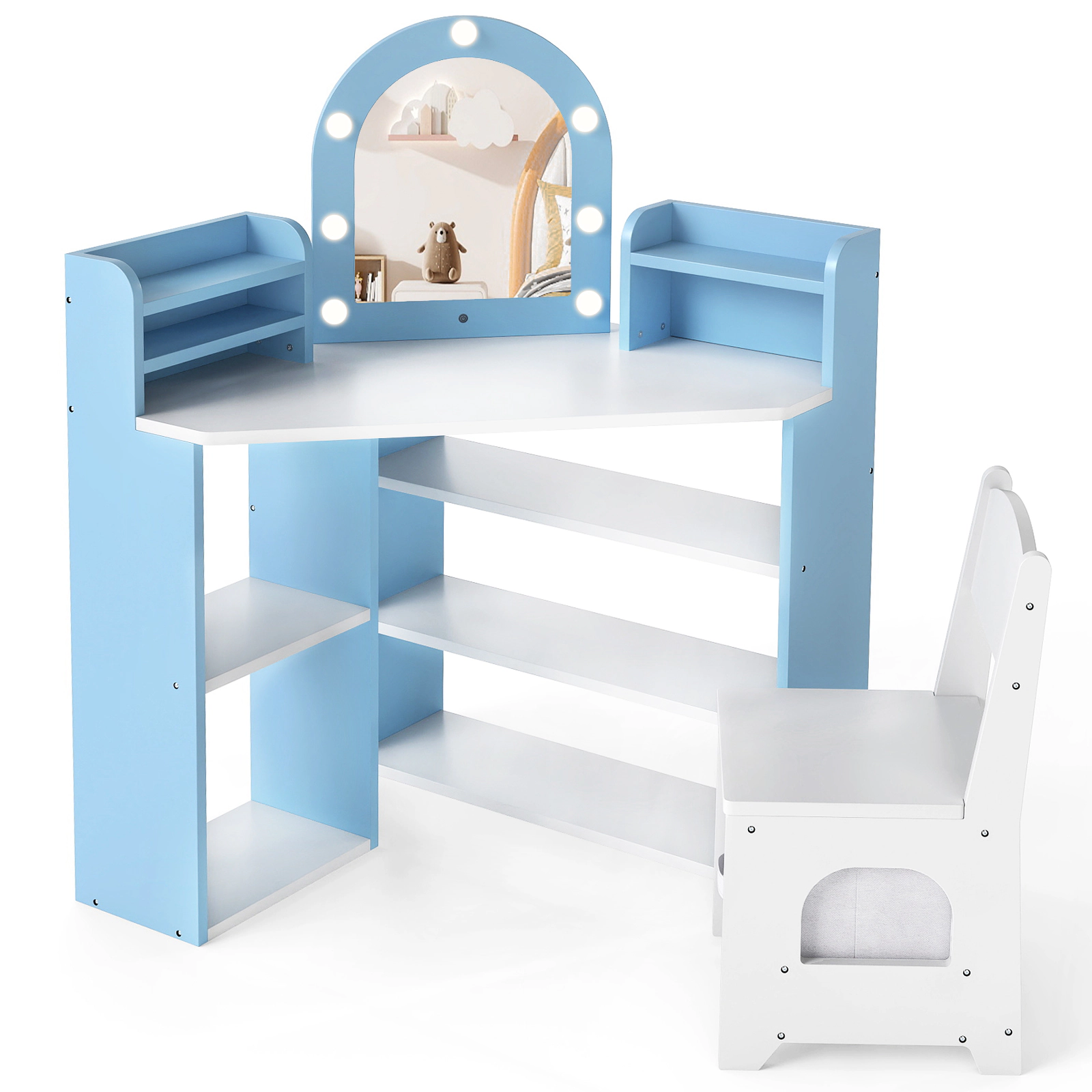 SUGIFT 2-Piece Corner Kids Vanity Set with Lighted Mirror, Fabric Drawer and Chair