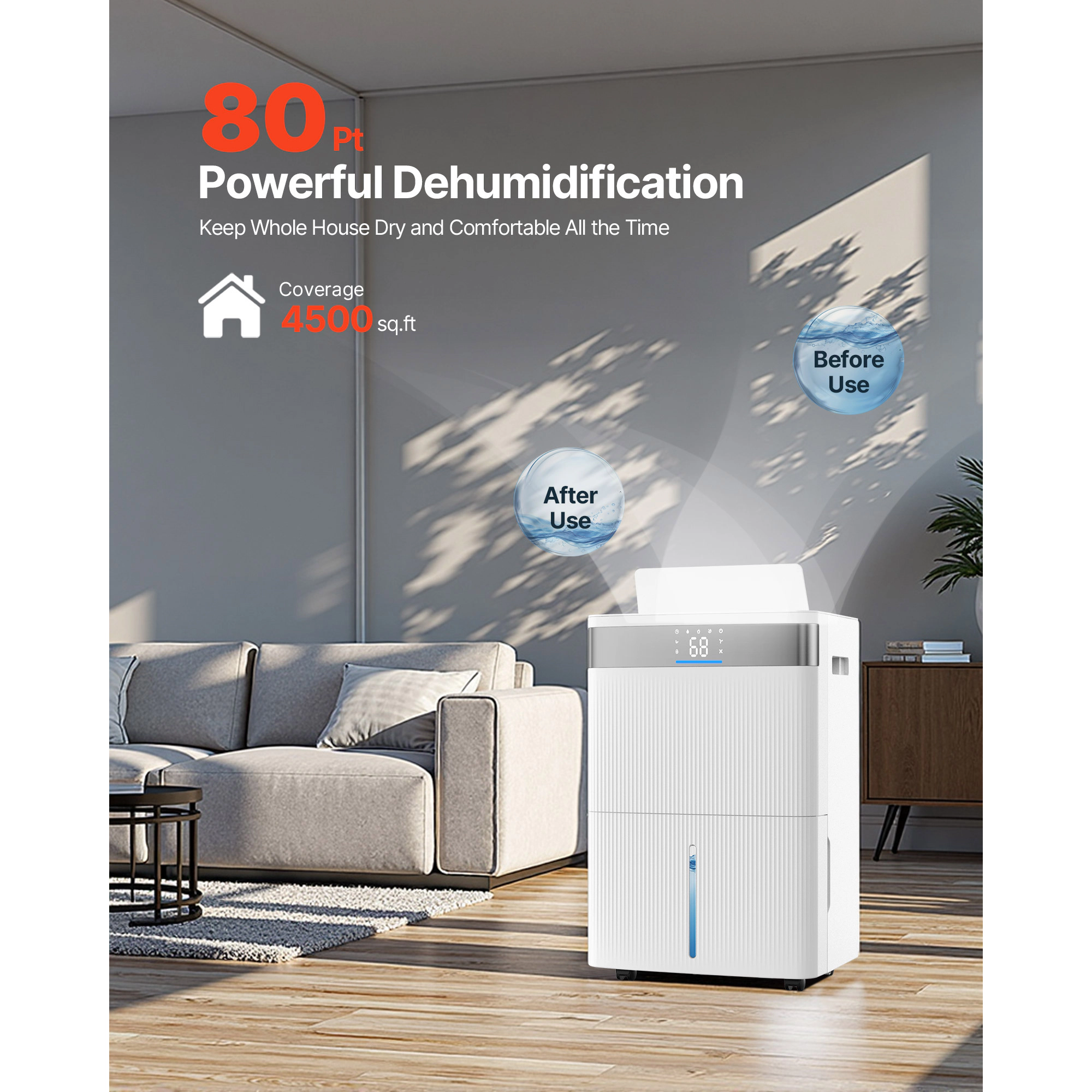 HONGGE Dehumidifier for Home & Basement Drain Hose for Commercial & Industrial Use Smart Humidity Control Low Noise for