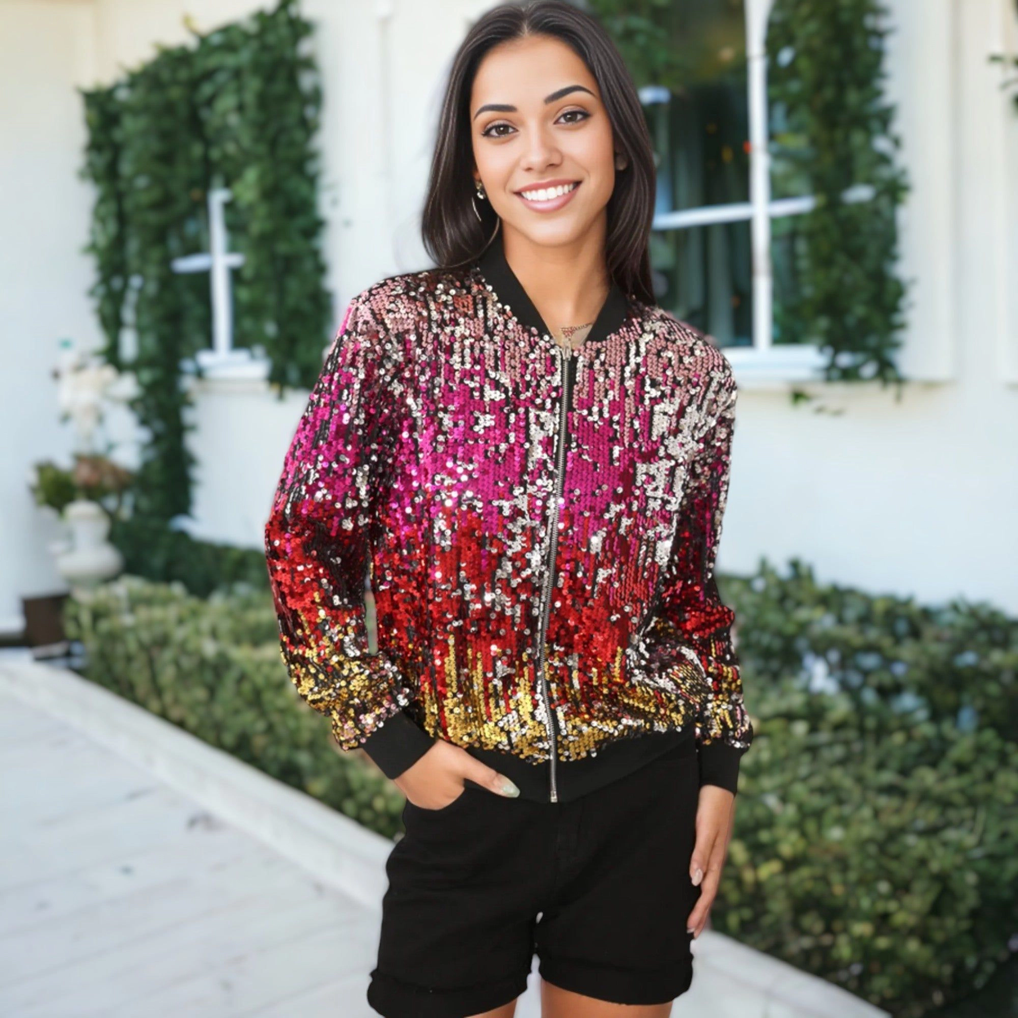 Anna-Kaci Women's Sequin Bright Zig Zag Ombre Sparkle Bomber Zip-Up Jacket