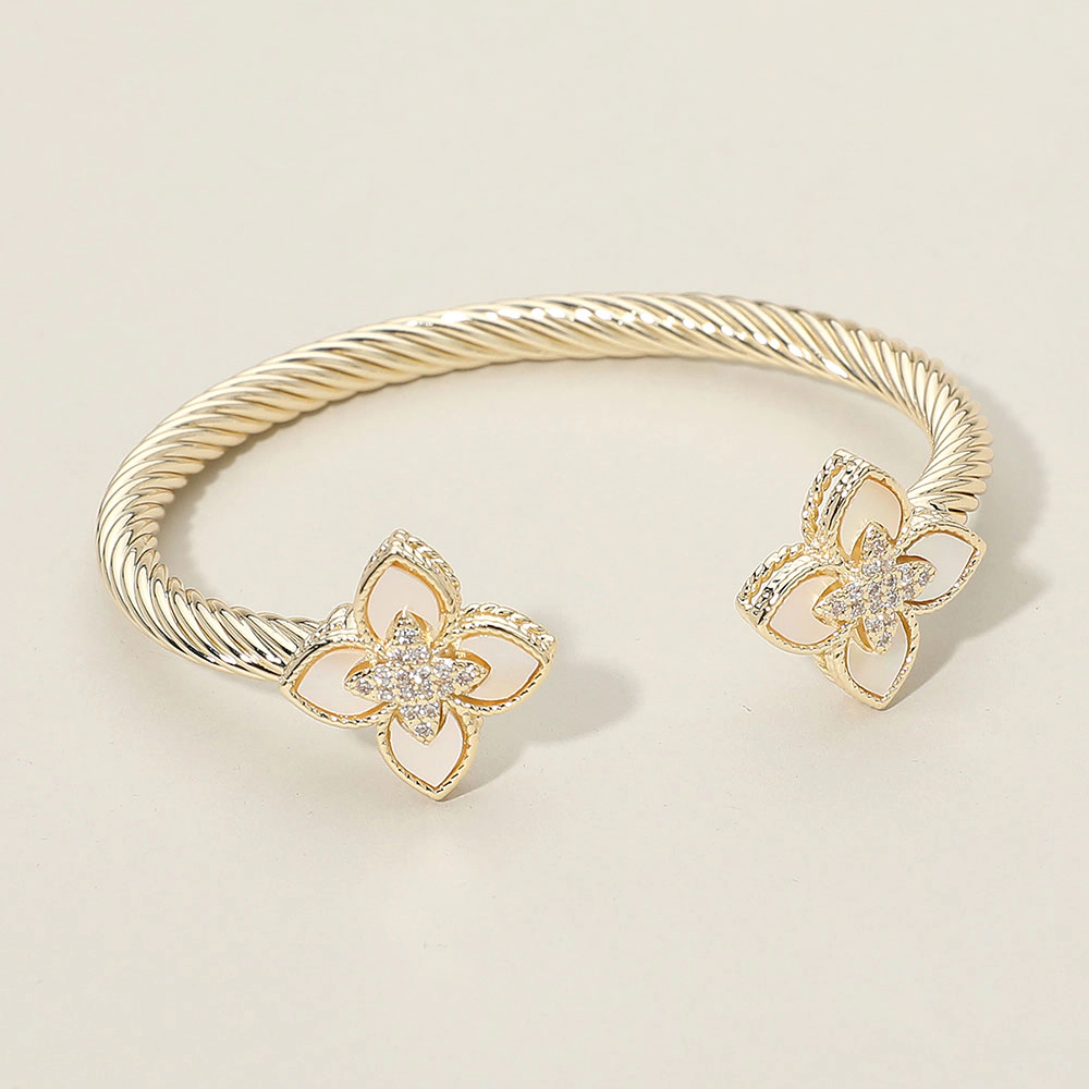 FASHNZFAB 14K Gold Plated CZ Stone Paved Center Mother of Pearl Floral Clover Tip Twisted Cuff Bracelet