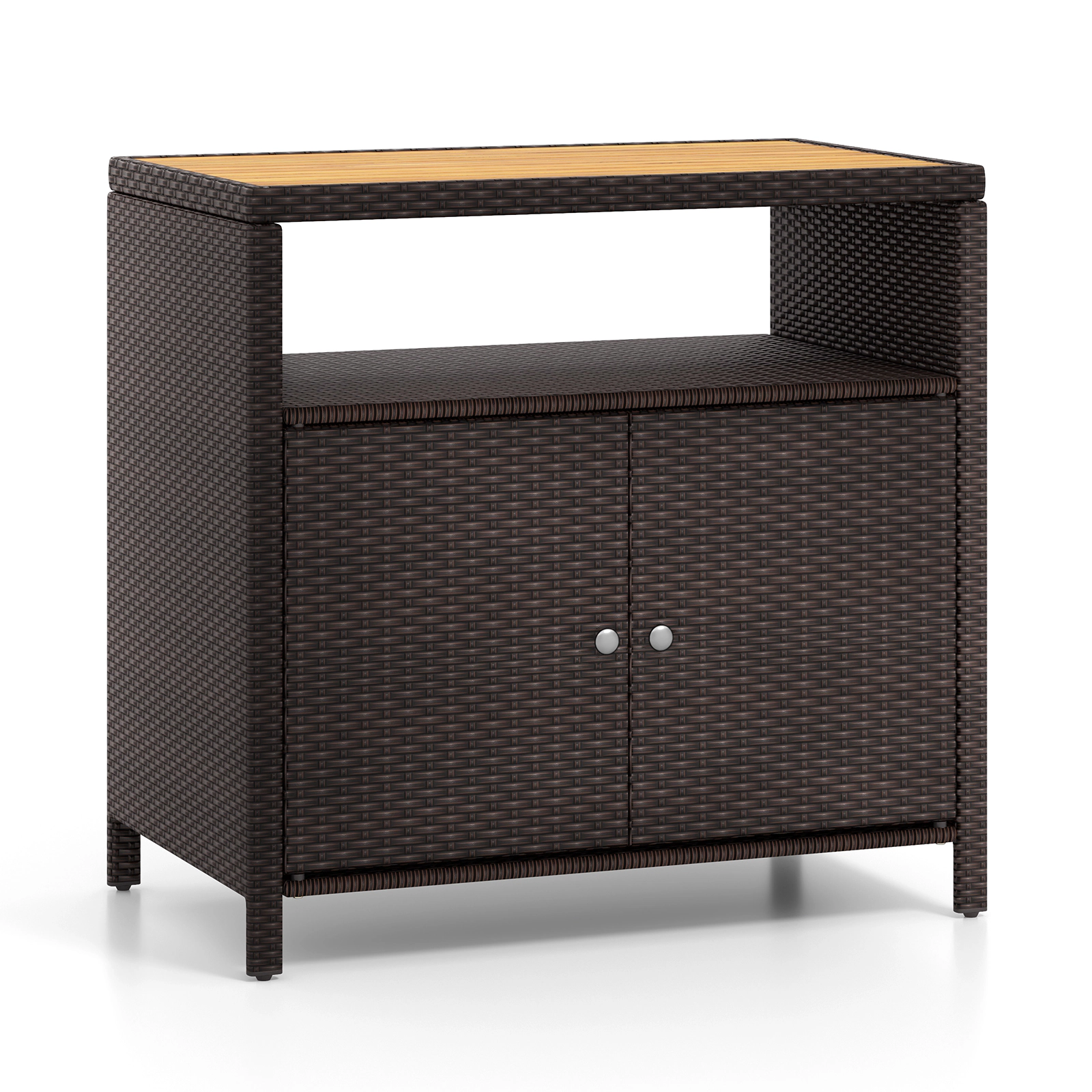 Glintex 35.5-Inch Outdoor Rattan Cabinet with Acacia Wood Countertop, Mixed Brown + Natural