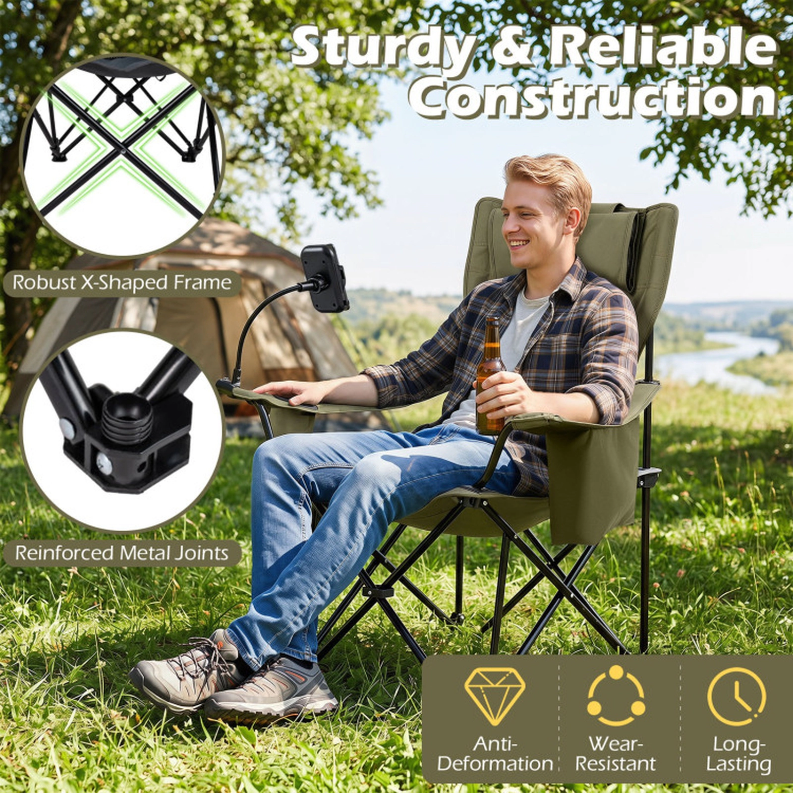 SUGIFT 2-in-1 330-lb Capacity 3-Position Reclining Camping Chair Lounger with Detachable Footrest and Headrest
