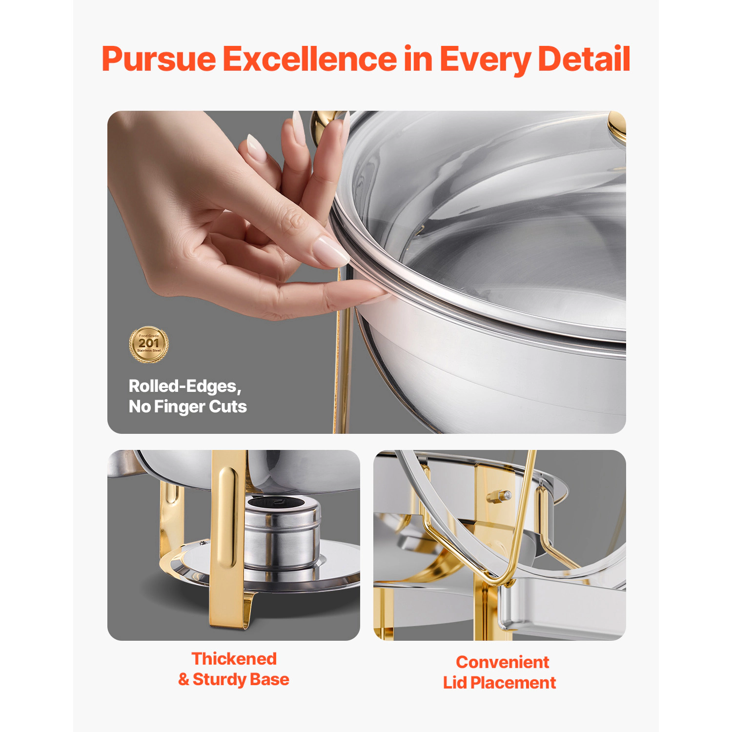 HONGGE Chafing Dish Buffet Set 5 Qt Stainless Steel Chafer with Full Pan Round Catering Warmer Server Glass