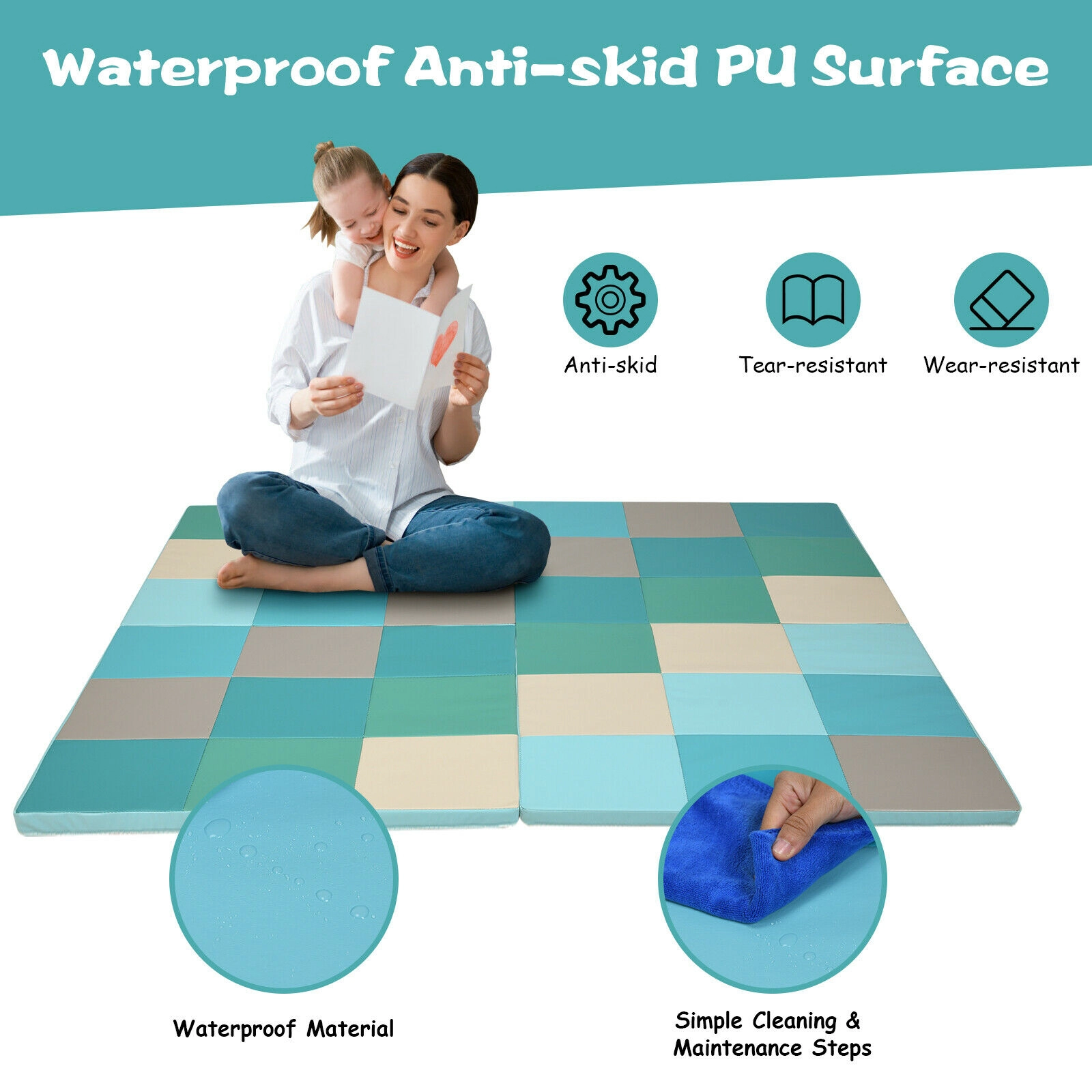 SUGIFT Light Blue 58-in Foldable Baby Play Mat with 1-in EPE Foam Core and Waterproof Non-Slip PU Top