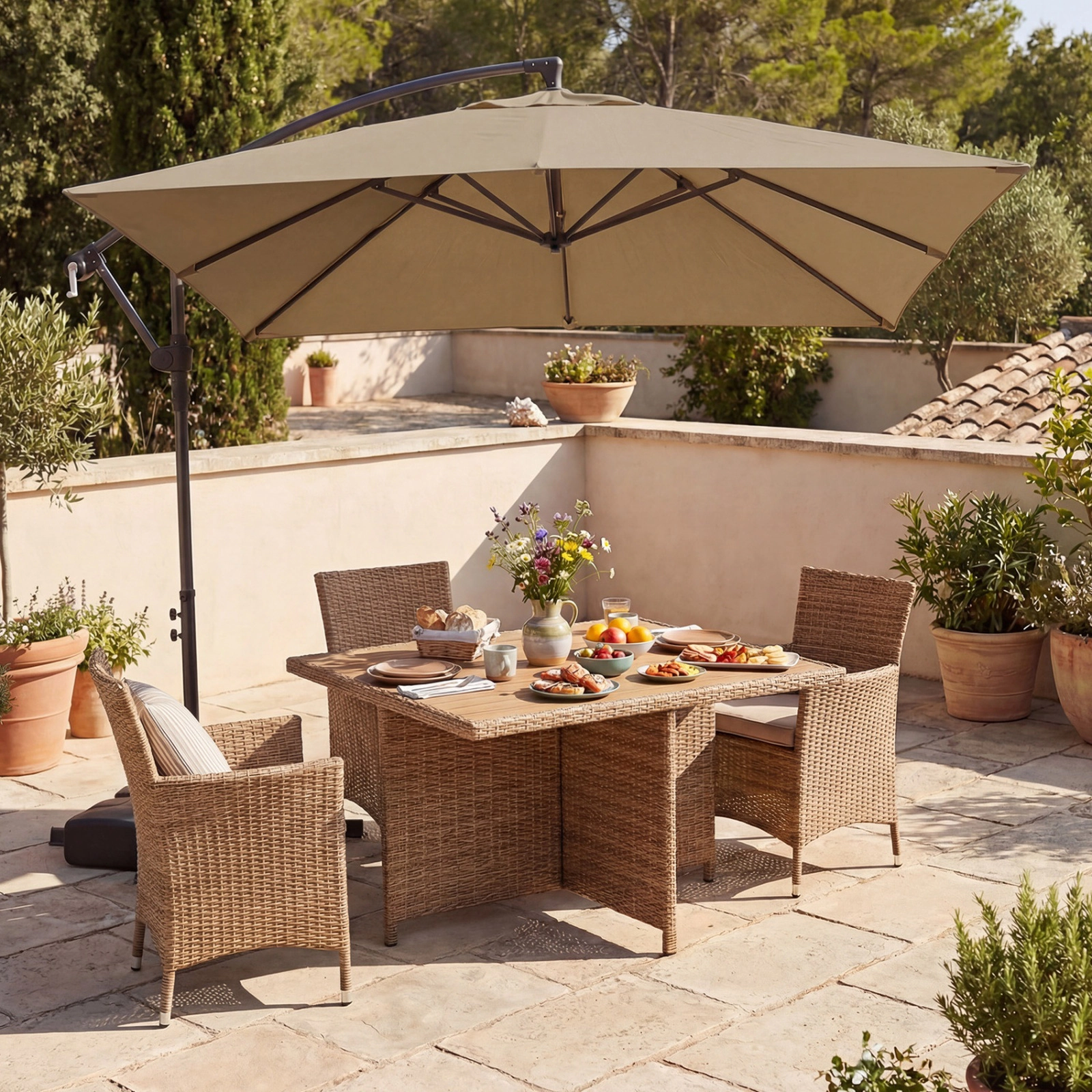 SUGIFT 8 x 8ft Square Offset Cantilever Patio Umbrella with 360° Rotation 116-lb Base Capacity Rustic Brown