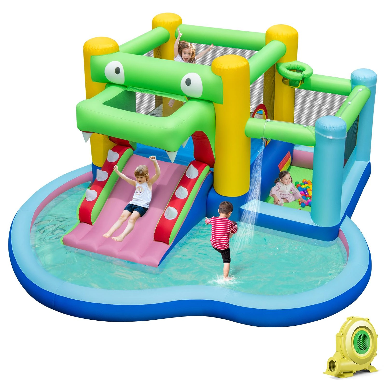 SUGIFT Crocodile 5-in-1 Inflatable Bounce House with Water Slide Ball Pit Sprinkler Pool and 680W Blower