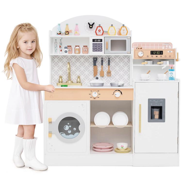 SUGIFT Wooden Kids Play Kitchen Set with Coffee Makers and 27 Accessories 42 x 12 x 41-in Playset Ages 3+ White