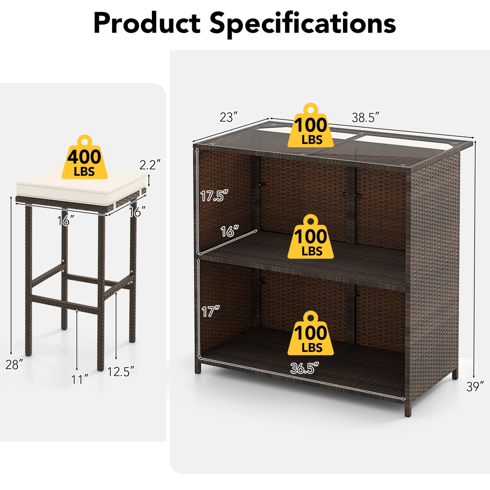SUGIFT 3-Piece Rattan Wicker Bar Set with Bar Table and Cushioned Stools 360-lb Chair Capacity As the Picture Shows